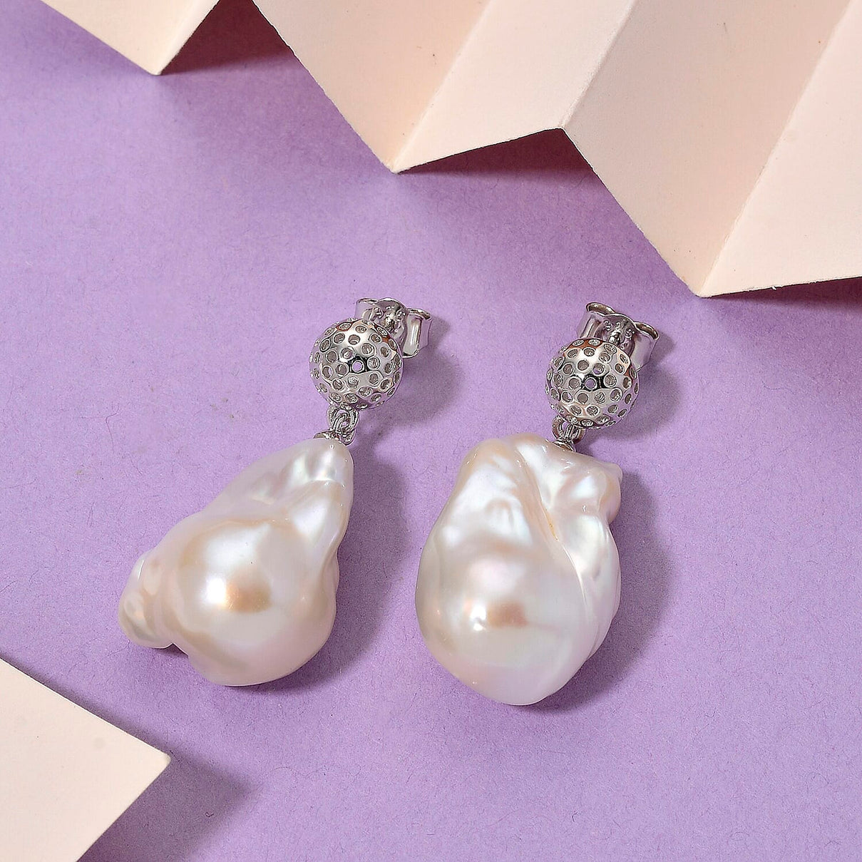 White Baroque Pearl Earrings with Push Back in Rhodium Overlay Sterling Silver 63.31 Ct. 8211665 2