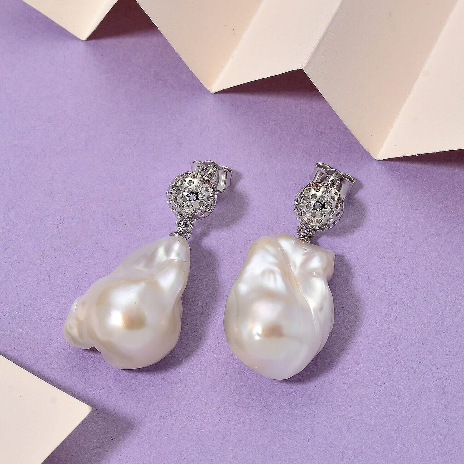 White Baroque Pearl Earrings with Push Back in Rhodium Overlay Sterling Silver 63.31 Ct. 8211665 2
