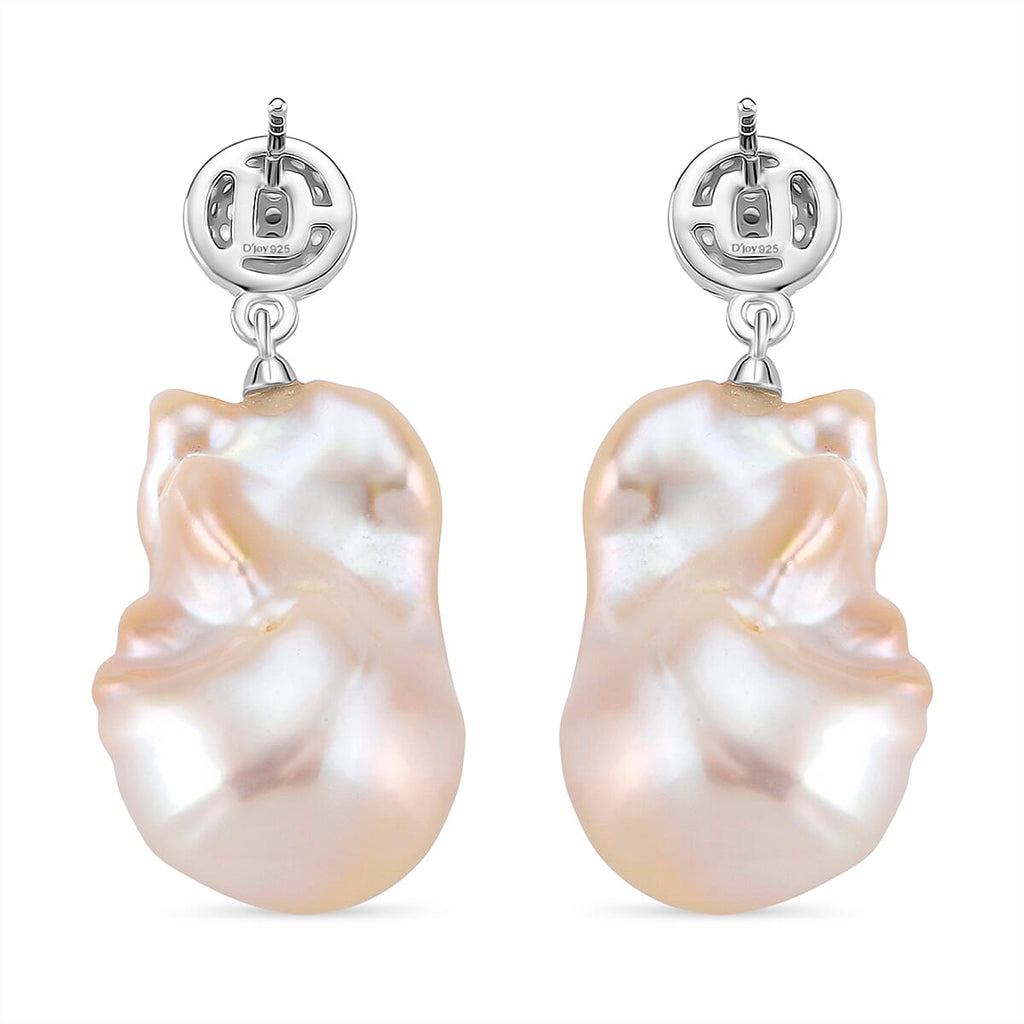 White Baroque Pearl Earrings with Push Back in Rhodium Overlay Sterling Silver 63.31 Ct.