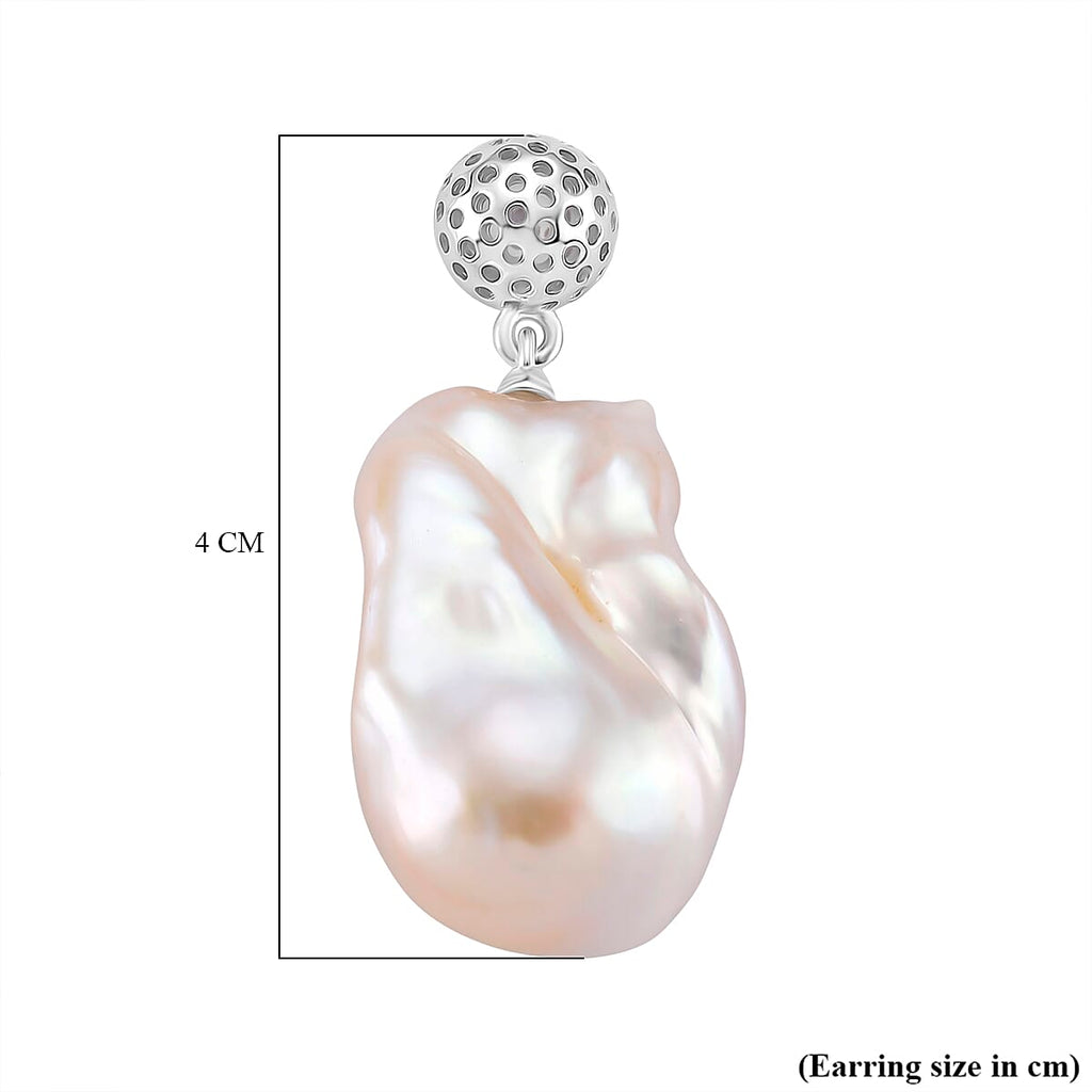 White Baroque Pearl Earrings with Push Back in Rhodium Overlay Sterling Silver 63.31 Ct.