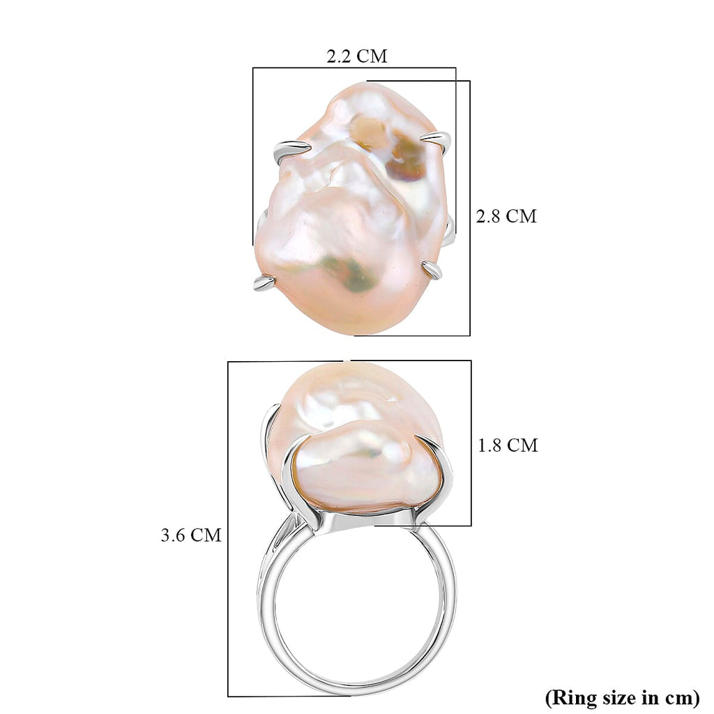 White Baroque Pearl Ring in Rhodium Overlay Sterling Silver 32.80 Ct.