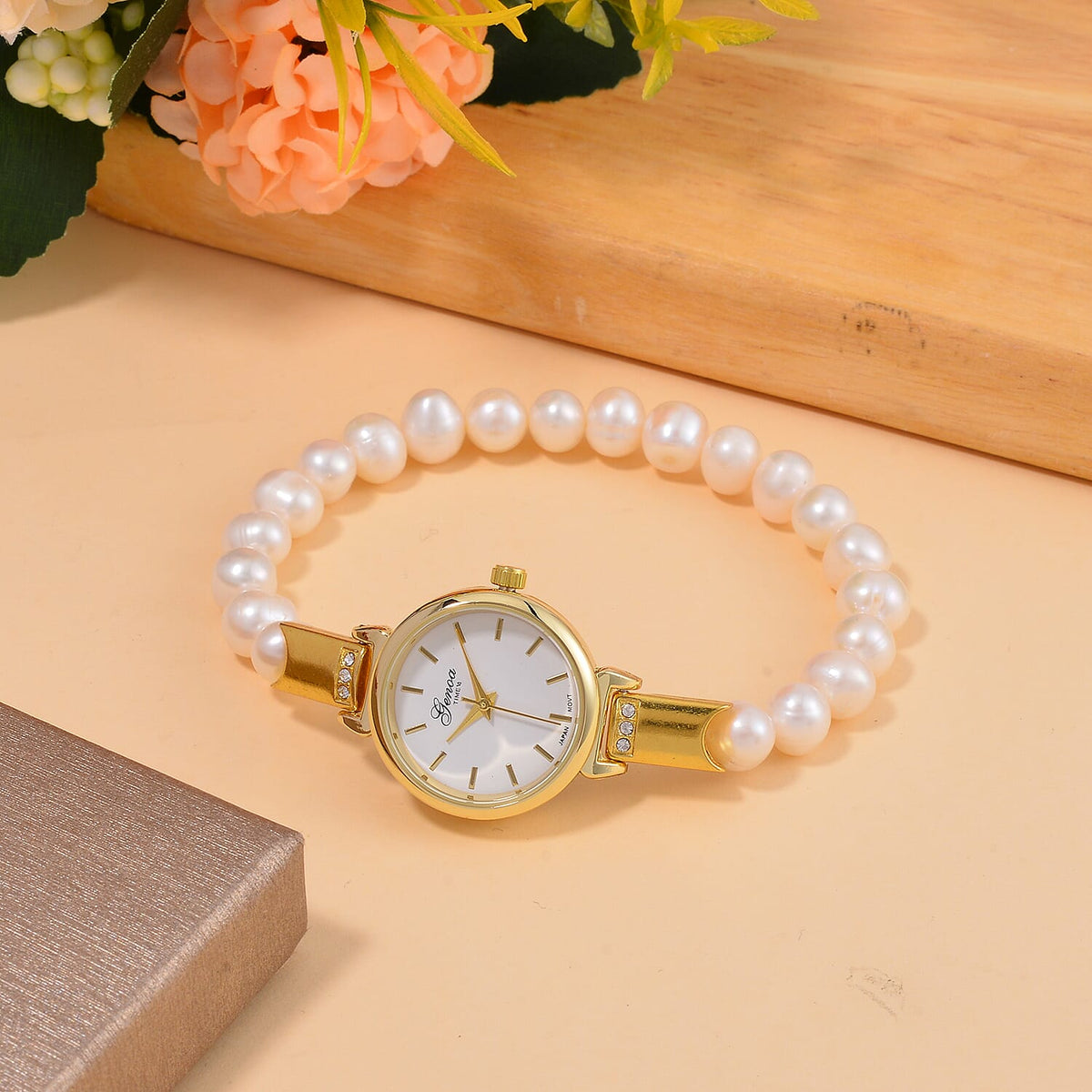GENOA TIME V2 Miyota 2035 Japan Movt. Gold Plated With White Freshwater Pearl Strap 7715052 2