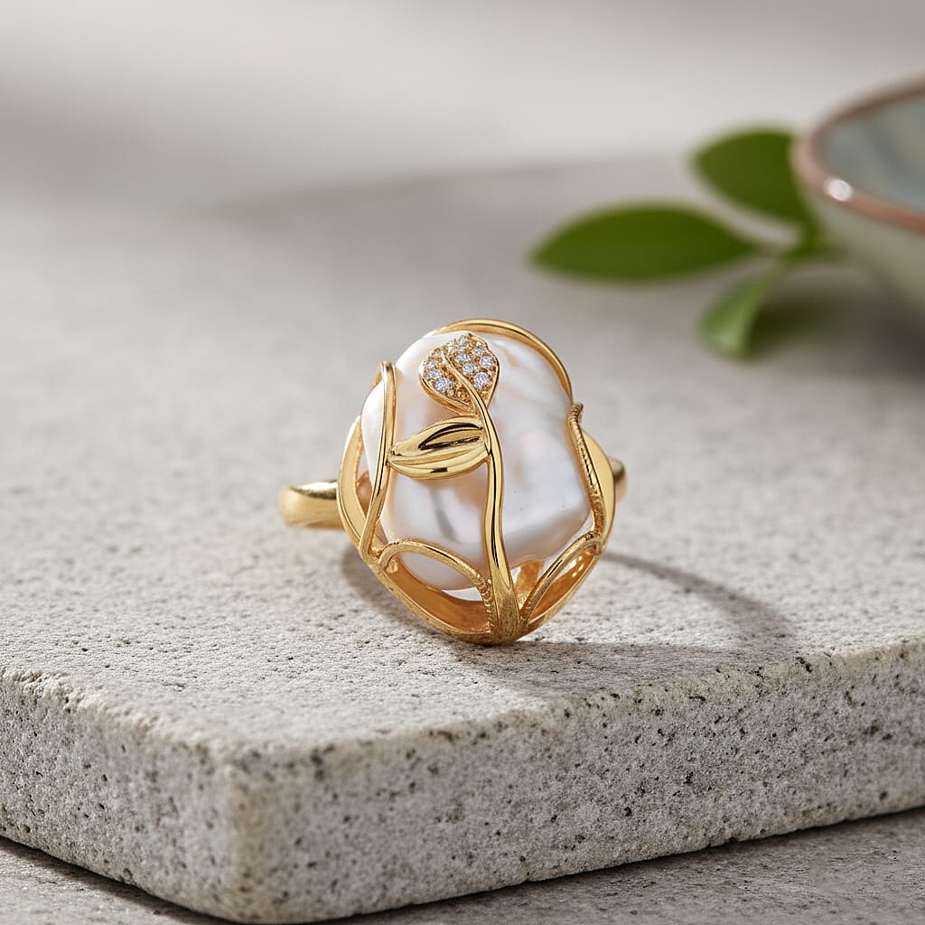 White Fresh Water Pearl &amp; White Cubic Zirconia Adjustable Ring 8262705 2