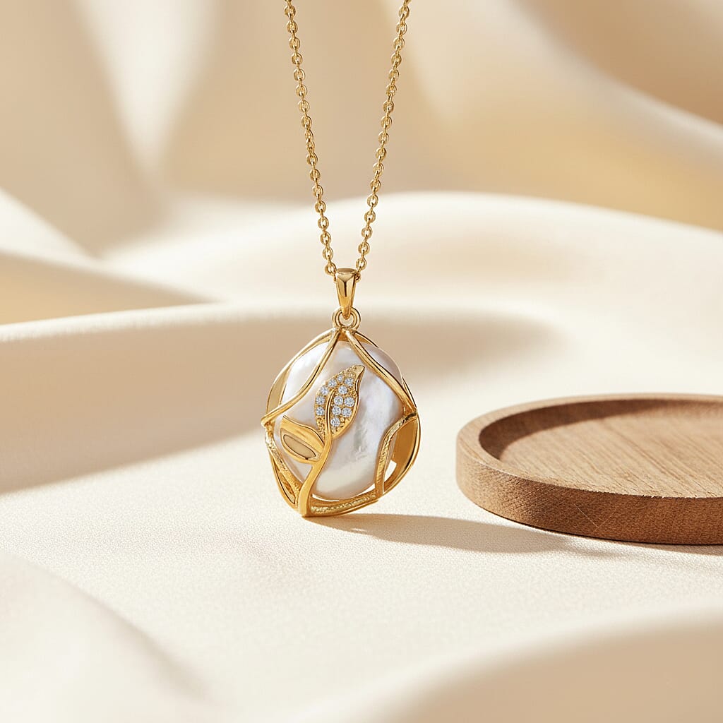 White Fresh Water Pearl &amp; White Cubic Zirconia Pendant with Chain (Size 18-2 EXT) 4420993 2