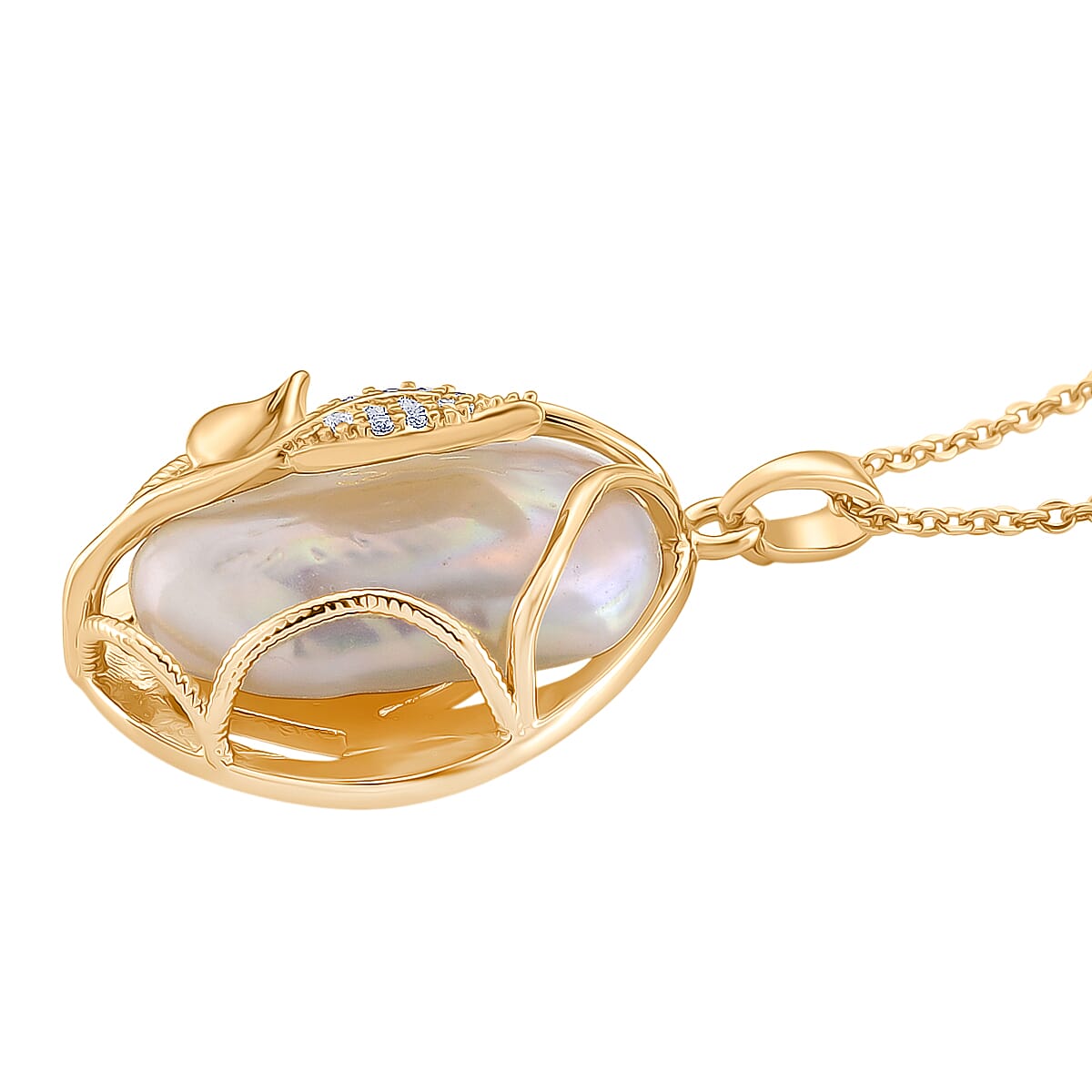 White Fresh Water Pearl &amp; White Cubic Zirconia Pendant with Chain (Size 18-2 EXT) 4420993 4
