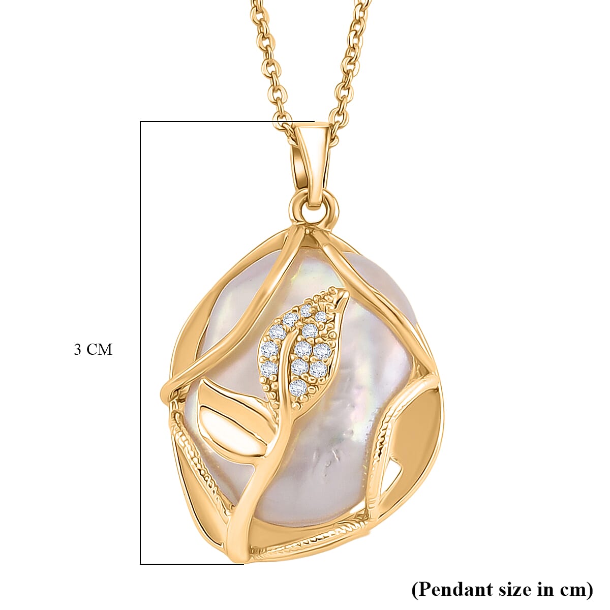 White Fresh Water Pearl &amp; White Cubic Zirconia Pendant with Chain (Size 18-2 EXT) 4420993 7