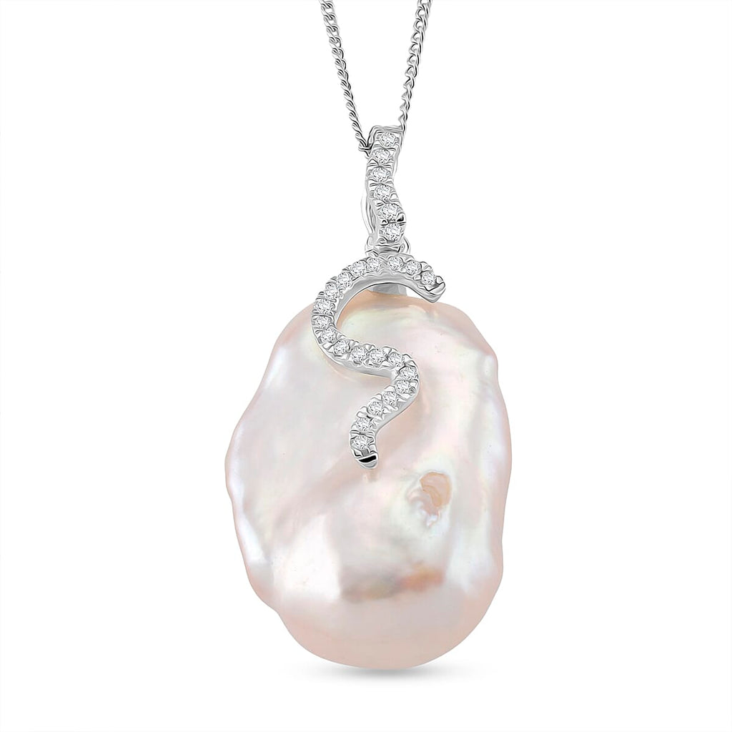 White Baroque Pearl & White Zircon Pendant with Chain (Size 18) with Lobster Clasp in Rhodium Overlay Sterling Silver 44.27 Ct.