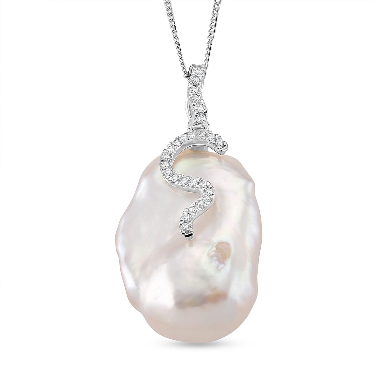 White Baroque Pearl, White Zircon Pendant with Chain (Size 18) with Lobster Clasp in Rhodium Overlay Sterling Silver 44.27 Ct. 4405016 0