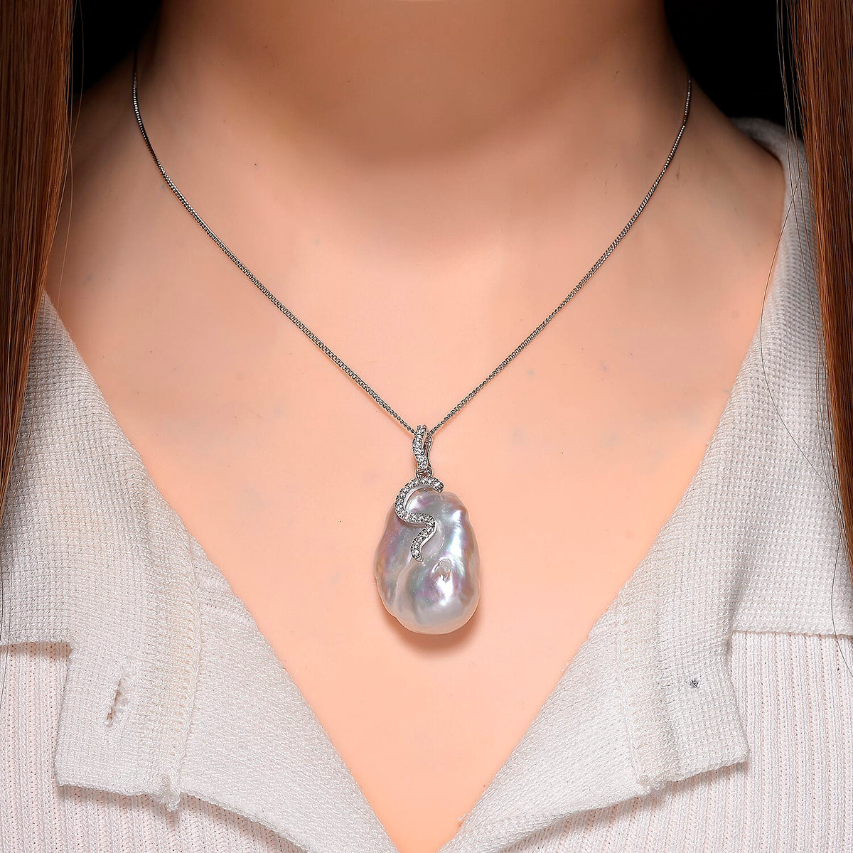 White Baroque Pearl, White Zircon Pendant with Chain (Size 18) with Lobster Clasp in Rhodium Overlay Sterling Silver 44.27 Ct. 4405016 2