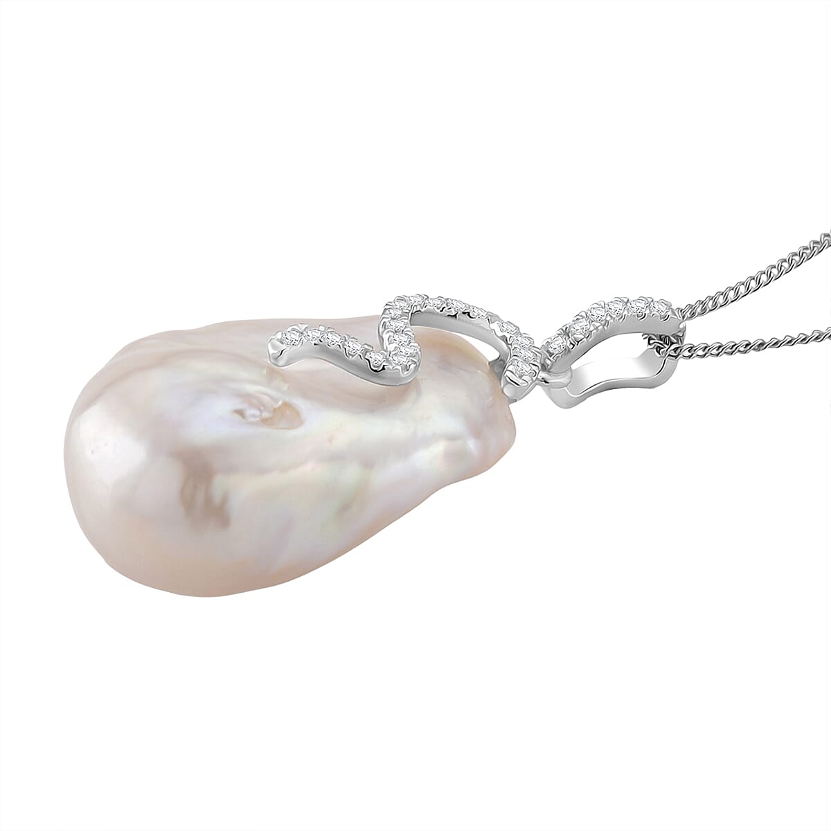 White Baroque Pearl, White Zircon Pendant with Chain (Size 18) with Lobster Clasp in Rhodium Overlay Sterling Silver 44.27 Ct. 4405016 3