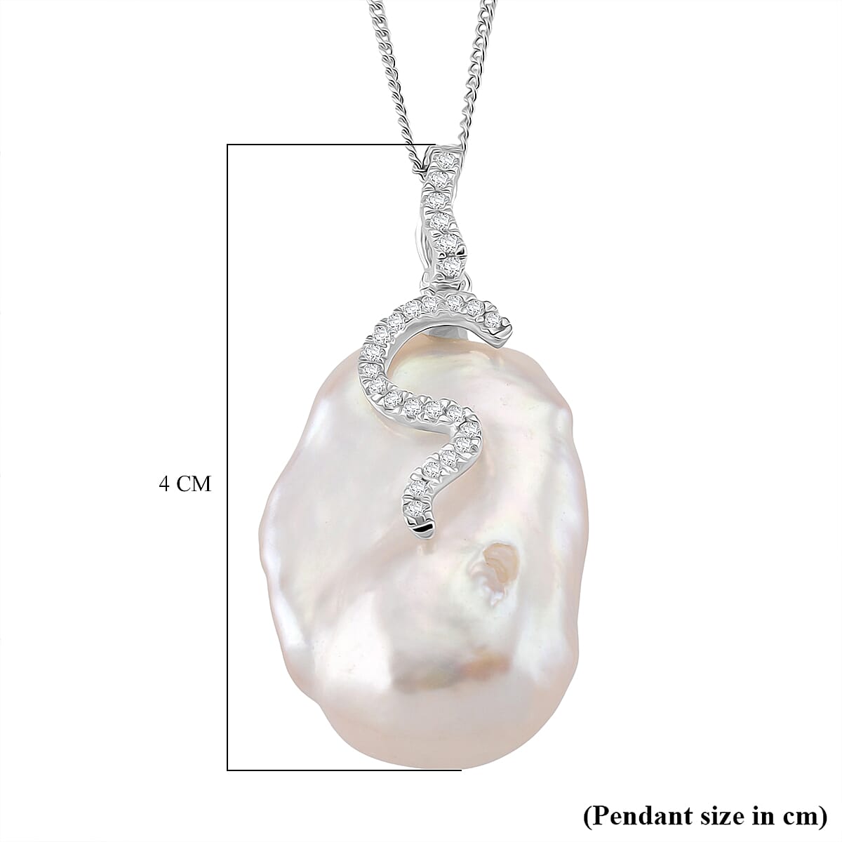 White Baroque Pearl, White Zircon Pendant with Chain (Size 18) with Lobster Clasp in Rhodium Overlay Sterling Silver 44.27 Ct. 4405016 6