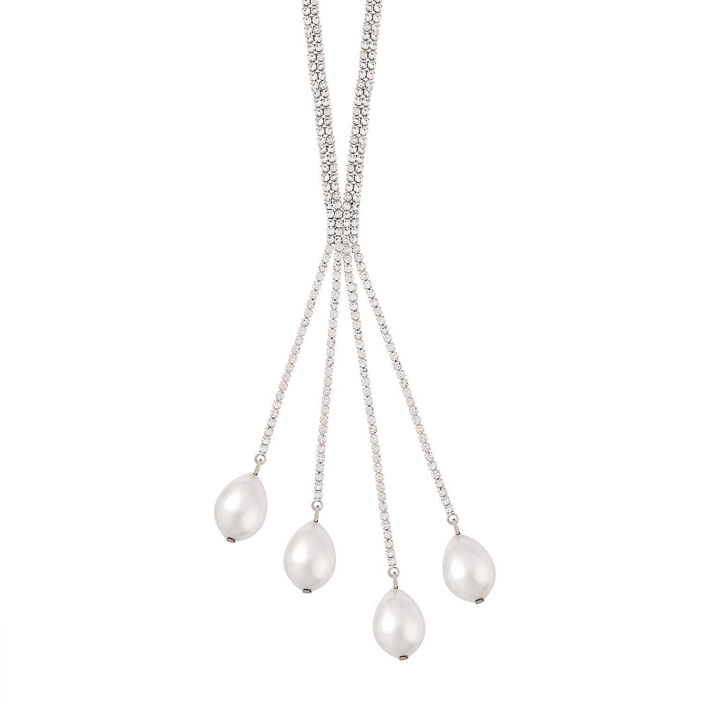 Simulated Pearl and White Austrian Crystal Necklace (Size - 27) in Silver Tone