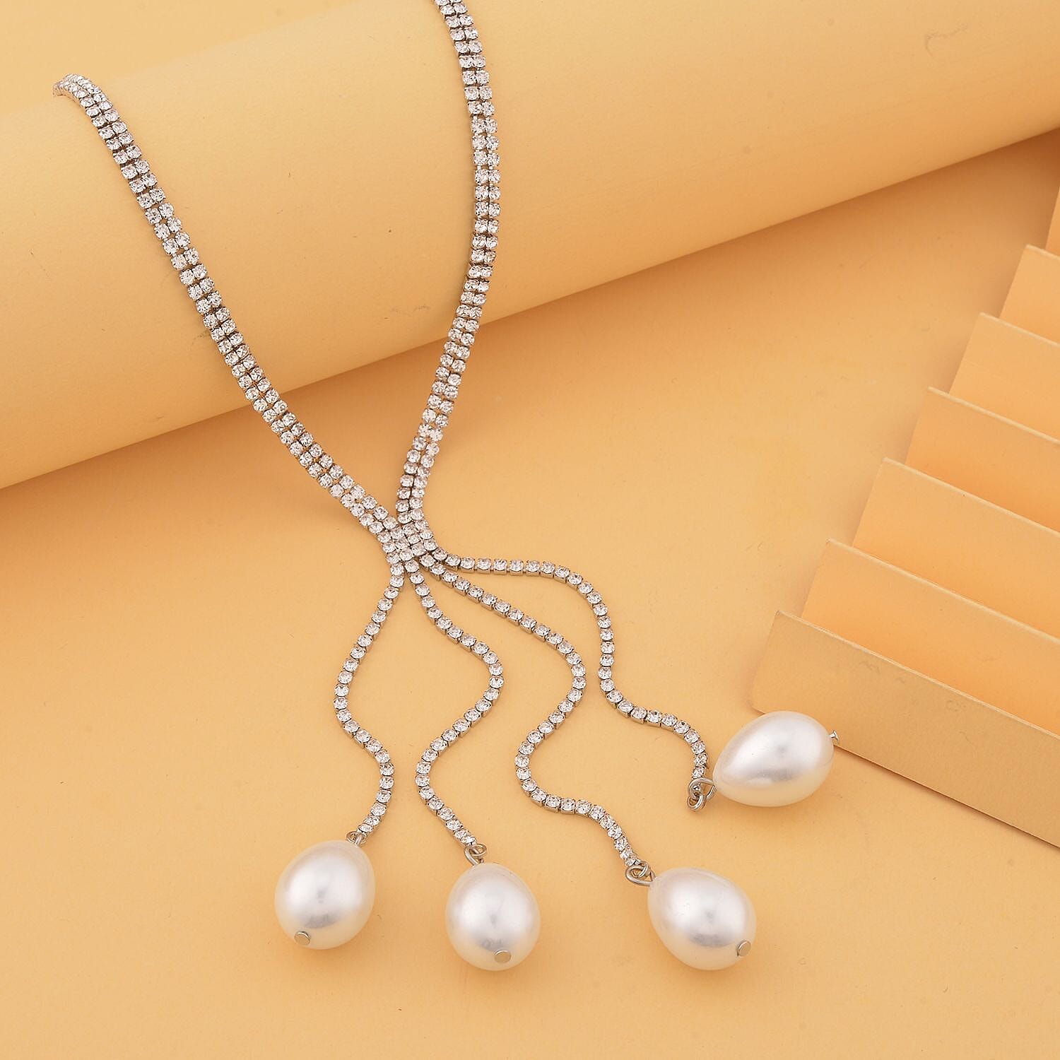 Simulated Pearl and White Austrian Crystal Necklace (Size - 27) in Silver Tone 7512157 1