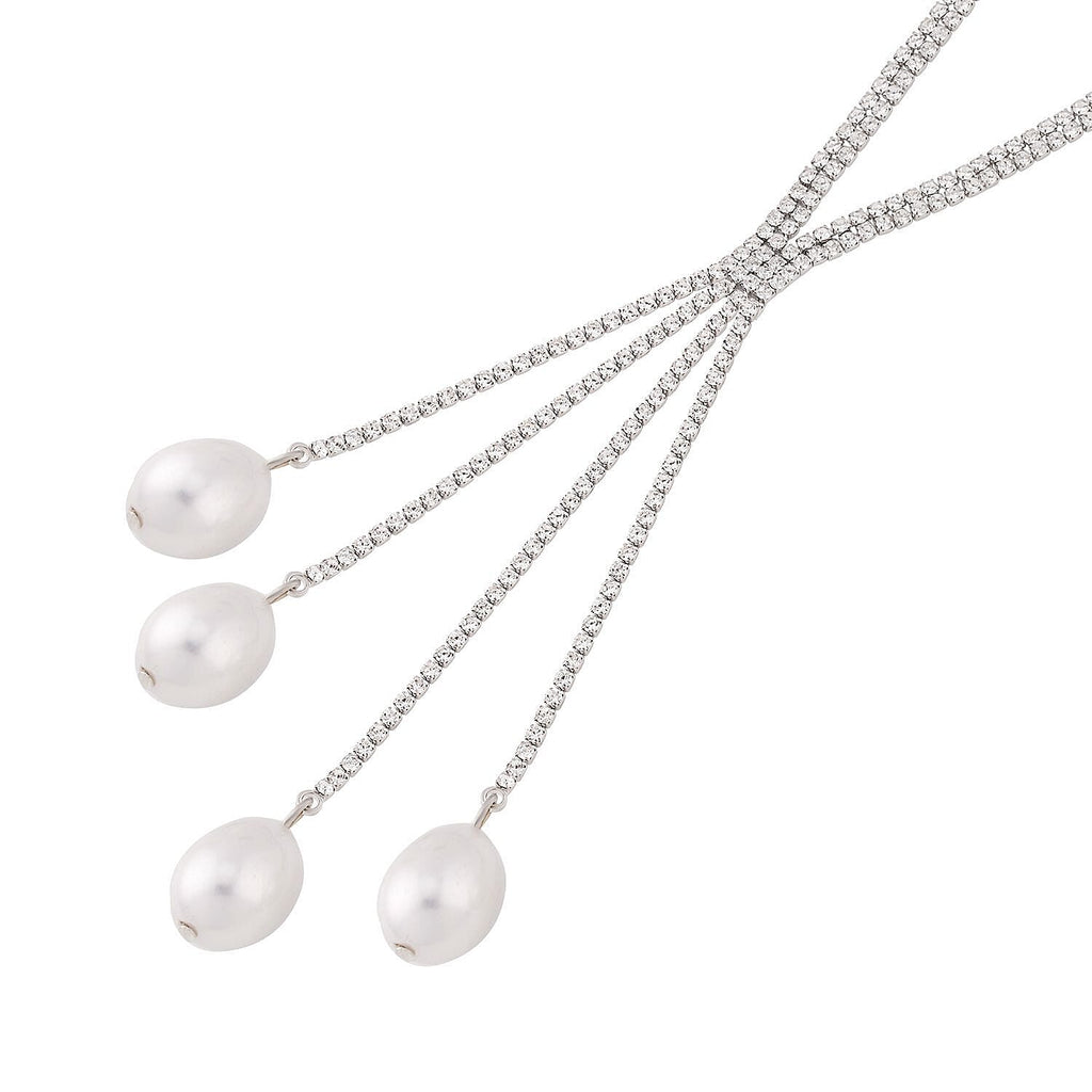 Simulated Pearl and White Austrian Crystal Necklace (Size - 27) in Silver Tone