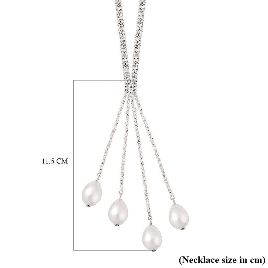 Simulated Pearl and White Austrian Crystal Necklace (Size - 27) in Silver Tone