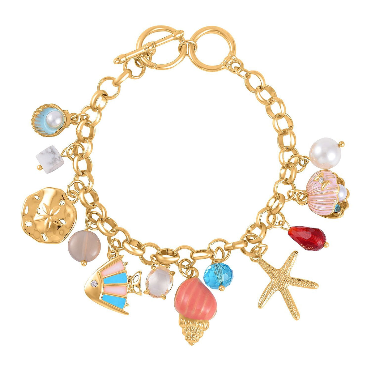White Howlite, White Shell Pearl &amp; Multi Colour Austrian Crystal Enamelled Charms Bracelet (Size - 7.50-1 Ext) with T Bar Clasp 7573445 2