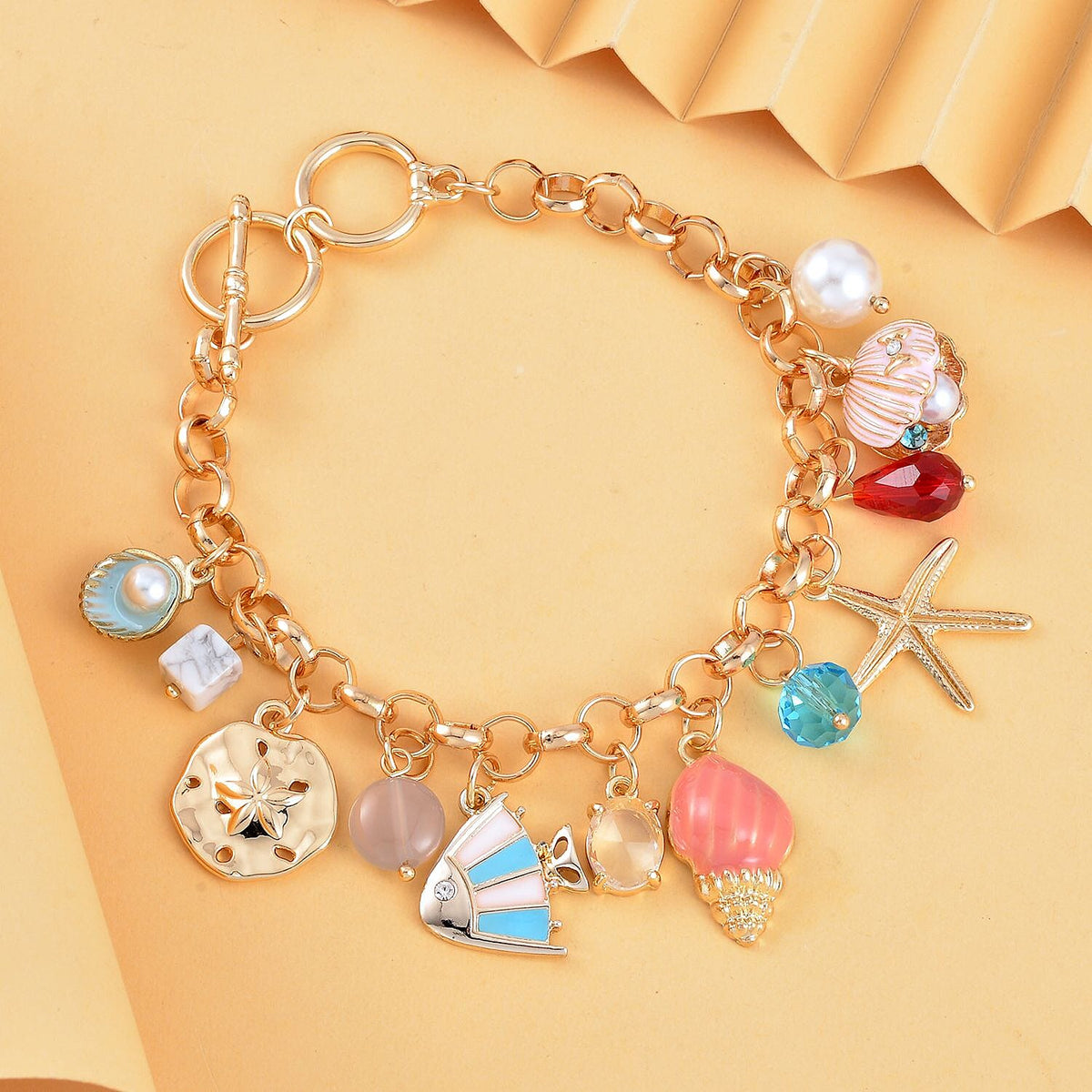 White Howlite, White Shell Pearl &amp; Multi Colour Austrian Crystal Enamelled Charms Bracelet (Size - 7.50-1 Ext) with T Bar Clasp 7573445 4
