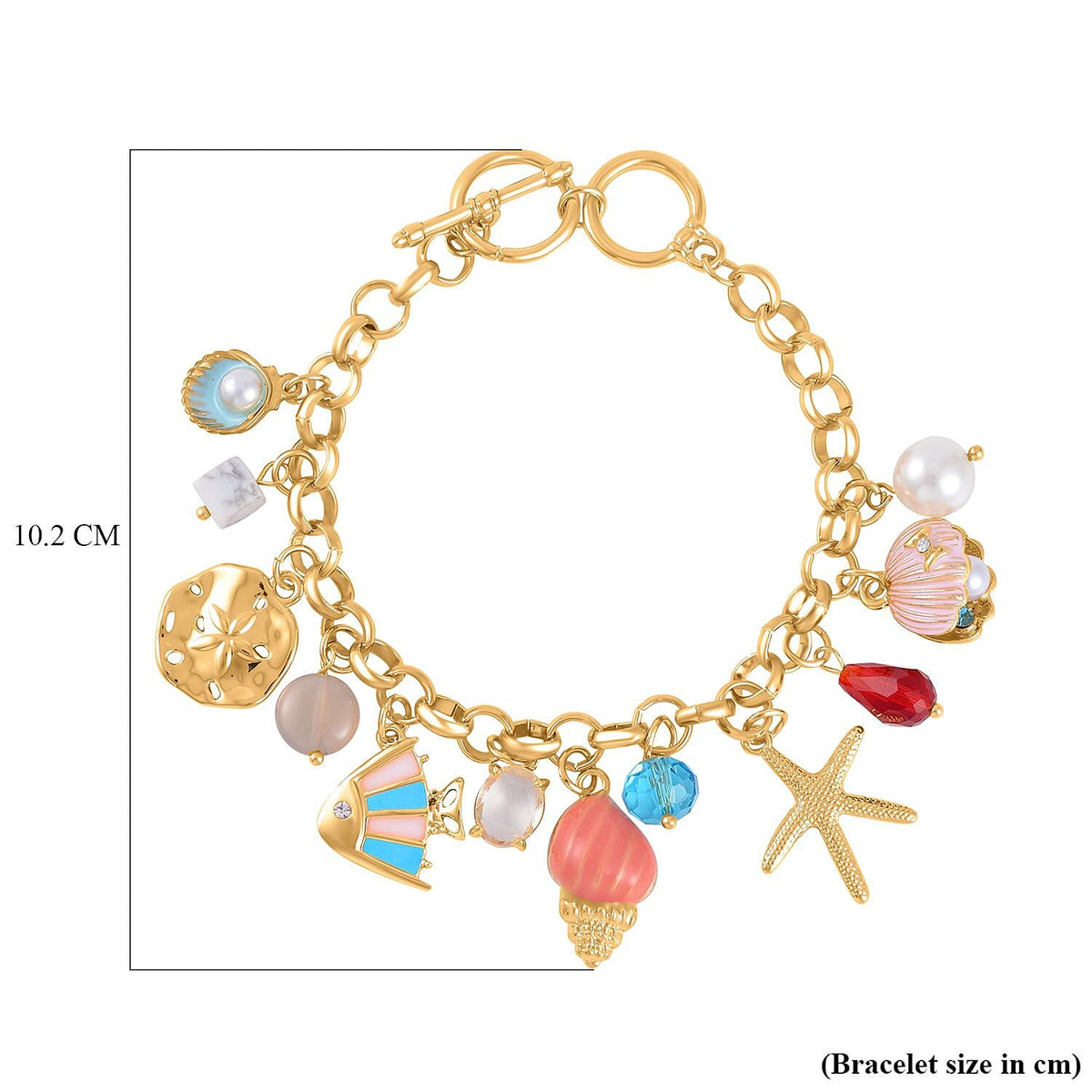 White Howlite, White Shell Pearl &amp; Multi Colour Austrian Crystal Enamelled Charms Bracelet (Size - 7.50-1 Ext) with T Bar Clasp 7573445 8