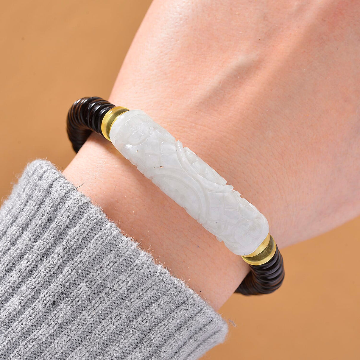 Super Rare - Natural Type A Burmese Jadeite Jade, Baltic Amber &amp; Coconut Shell Stretchable Bracelet 115.00 Ct 8192831 2