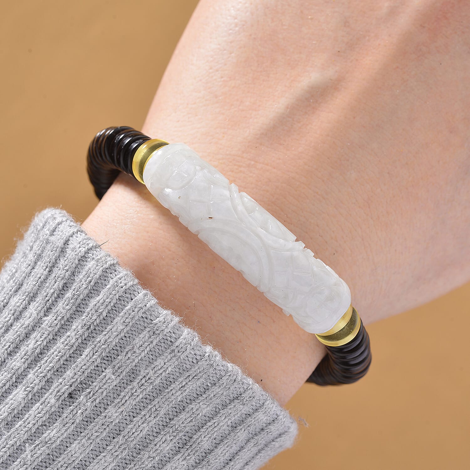 Super Rare - Natural Type A Burmese Jadeite Jade, Baltic Amber &amp; Coconut Shell Stretchable Bracelet 115.00 Ct 8192831 2
