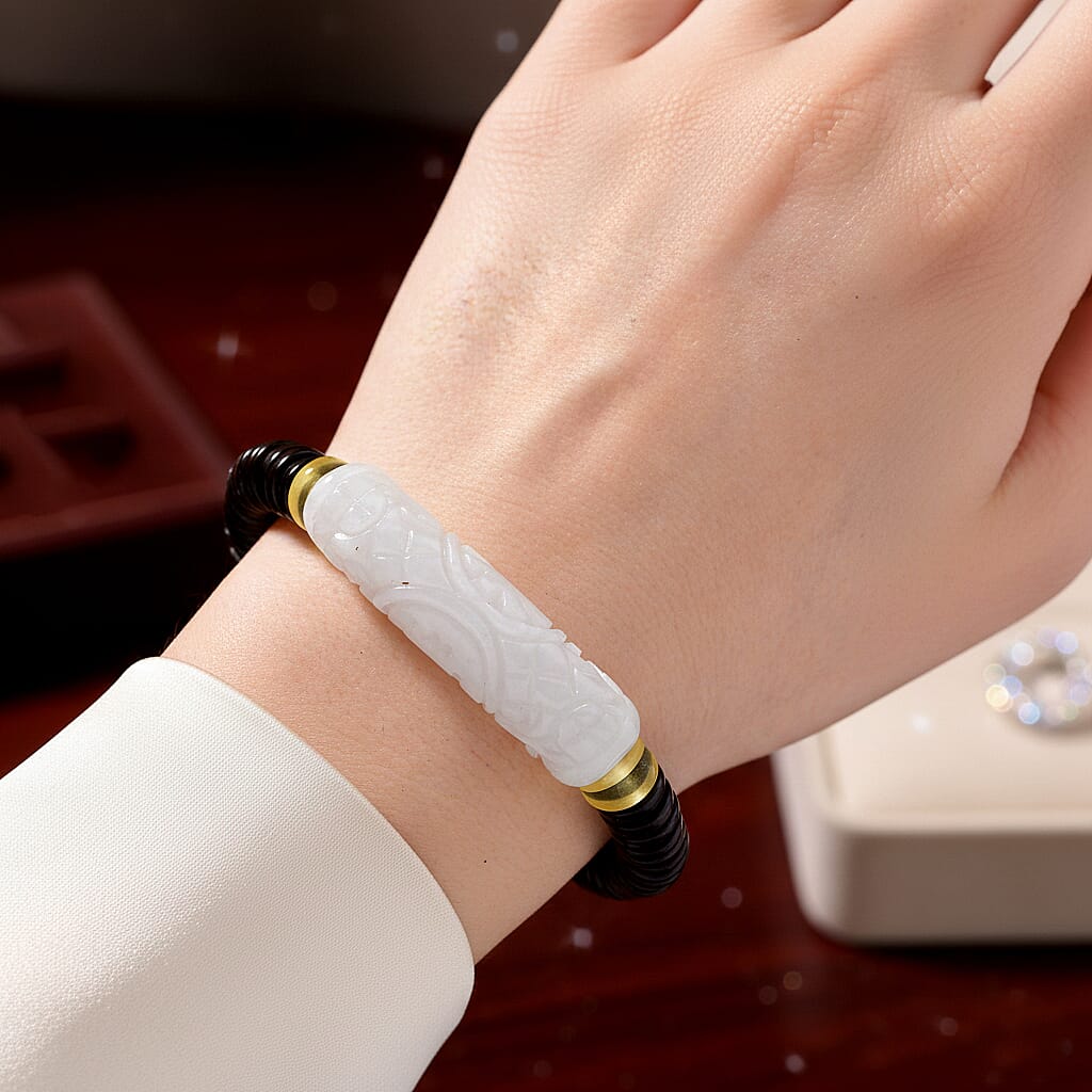 Natural Type A White Jadeite Jade, Amber &amp; Coconut Shell Stone Bracelet 115.00 Ct. V32515954 3