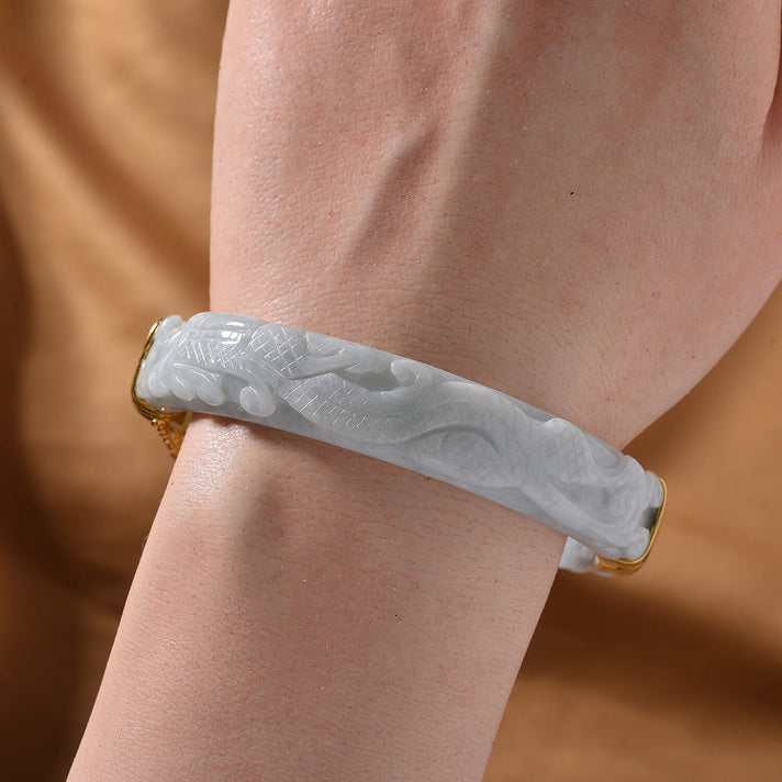 Natural Type A Natural White Jadeite Carved Bangle (Size-7.5) in 18K Vermeil Yellow Gold Sterling Silver 250 Ct 7805673 2