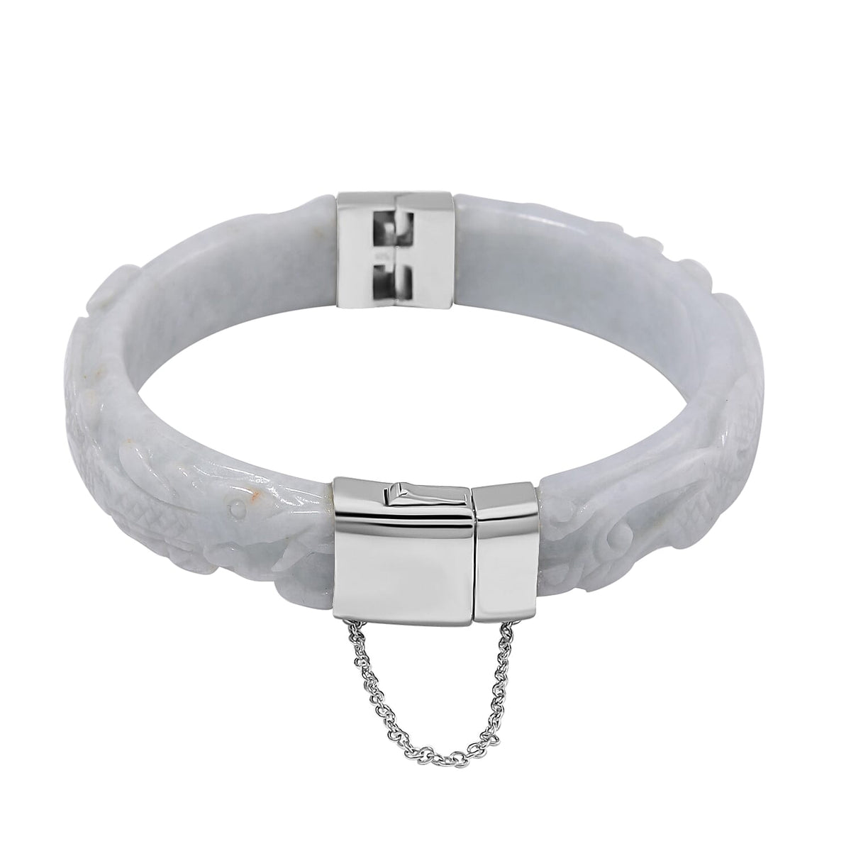 Natural Type A White Jadeite Carved Dragon Bangle (Size-7.5) in Rhodium Overlay Sterling Silver 250 Ct 7805644 0