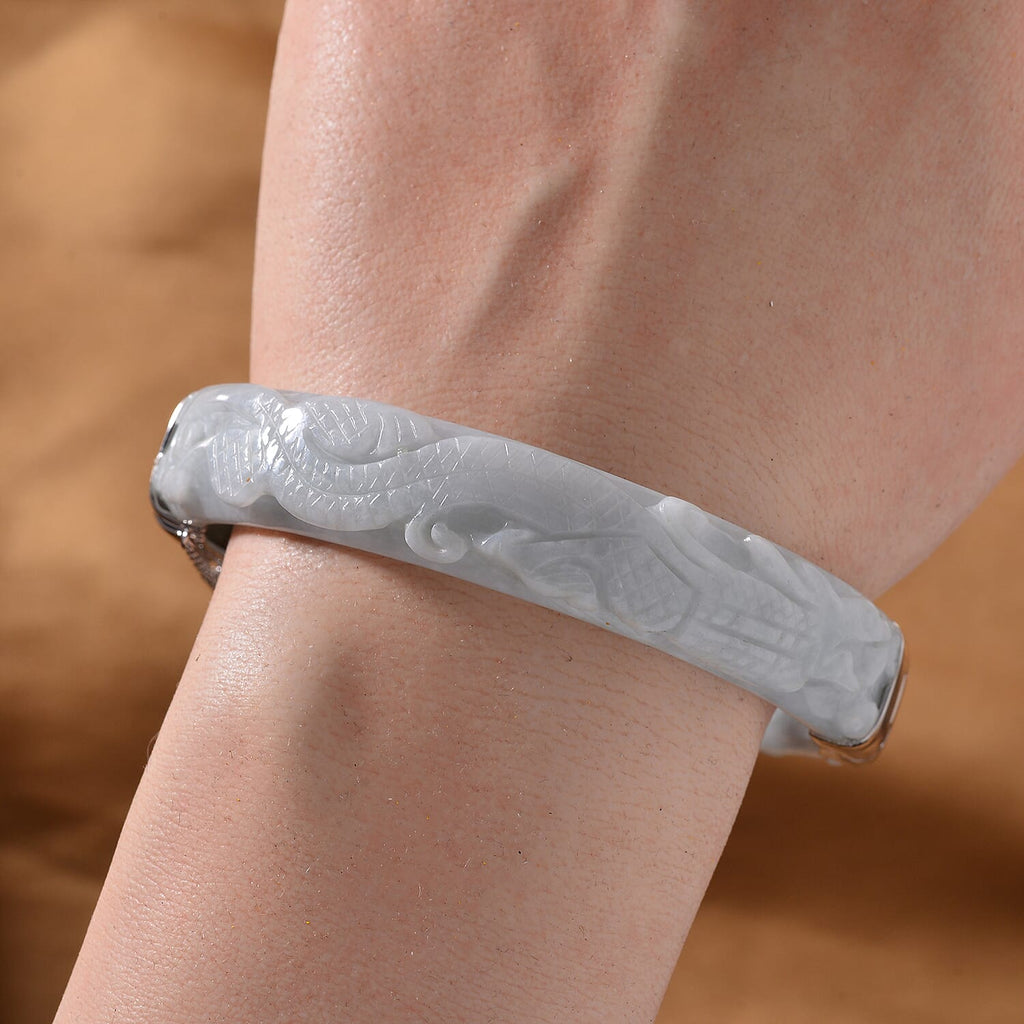 Natural Type A White Jadeite Carved Dragon Bangle (Size-7.5) in Rhodium Overlay Sterling Silver 250 Ct