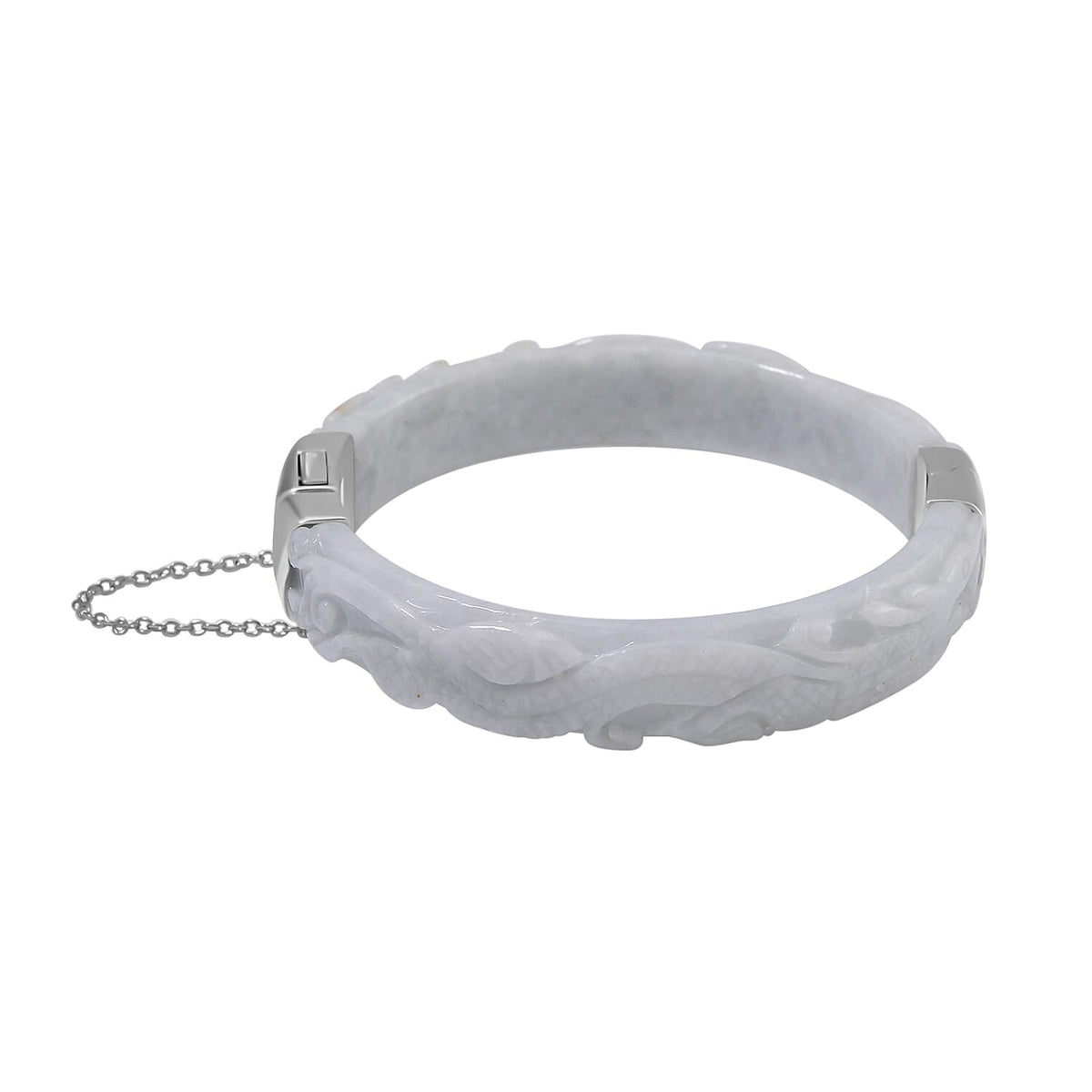 Natural Type A White Jadeite Carved Dragon Bangle (Size-7.5) in Rhodium Overlay Sterling Silver 250 Ct 7805644 3