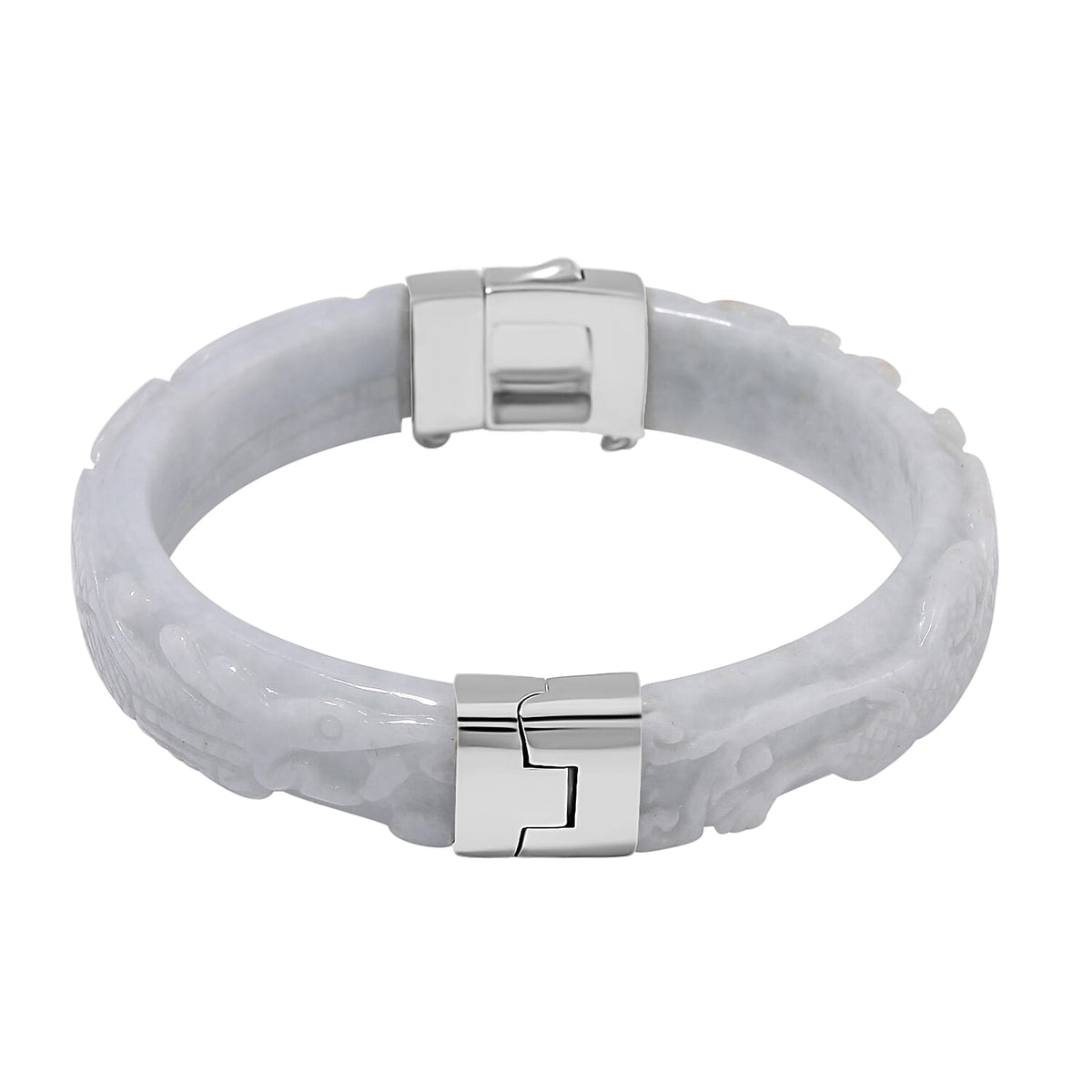 Natural Type A White Jadeite Carved Dragon Bangle (Size-7.5) in Rhodium Overlay Sterling Silver 250 Ct 7805644 4