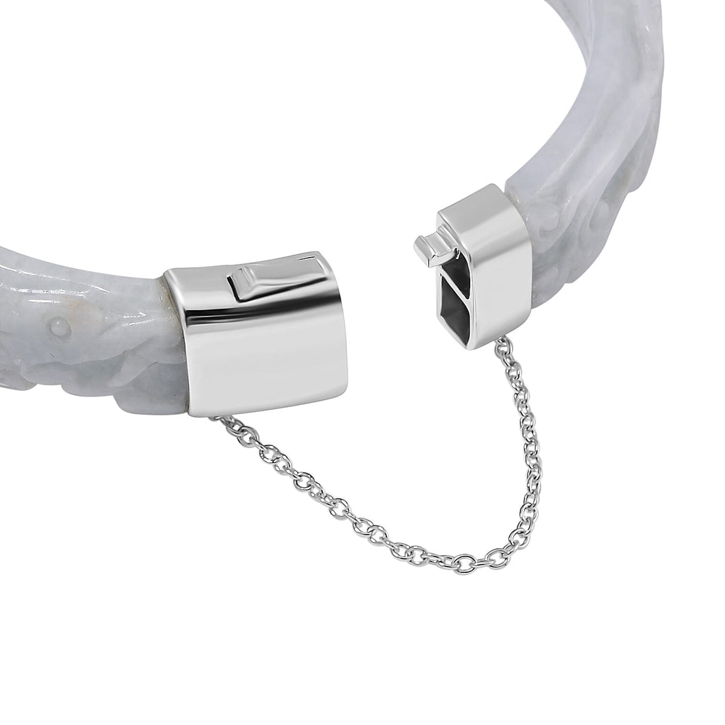 Natural Type A White Jadeite Carved Dragon Bangle (Size-7.5) in Rhodium Overlay Sterling Silver 250 Ct