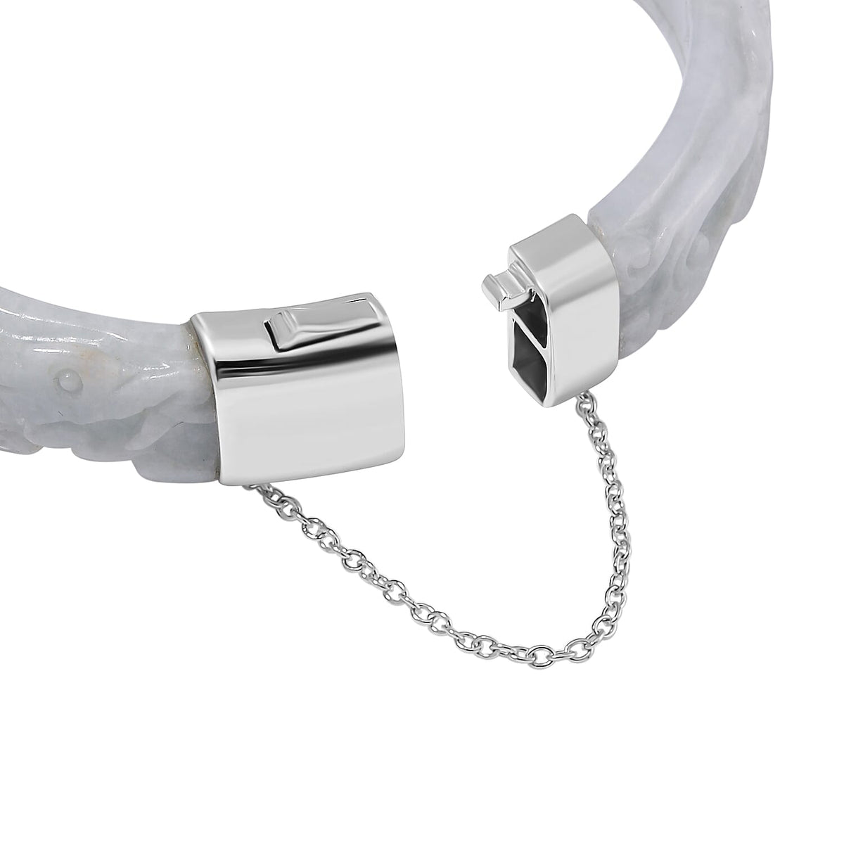 Natural Type A White Jadeite Carved Dragon Bangle (Size-7.5) in Rhodium Overlay Sterling Silver 250 Ct 7805644 5