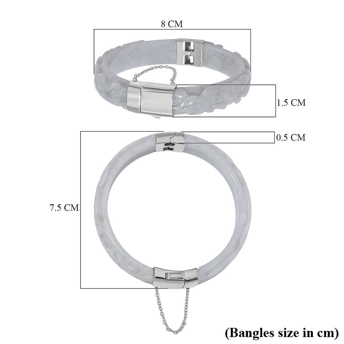 Natural Type A White Jadeite Carved Dragon Bangle (Size-7.5) in Rhodium Overlay Sterling Silver 250 Ct 7805644 6