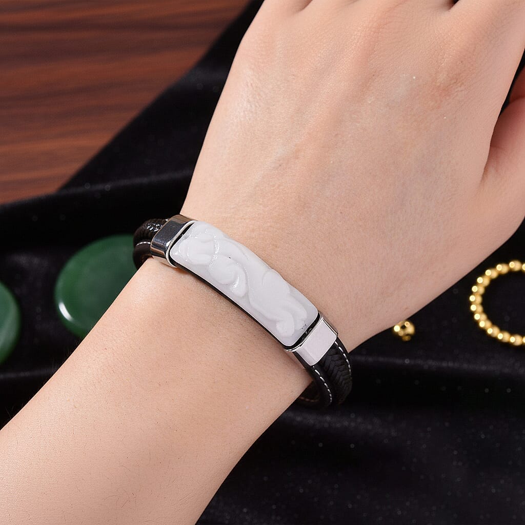 Natural Type A - White Jadeite Jade Carved Bracelet (Size 7.5) in Rhodium Plated 90.00 Ct. V32515064 3