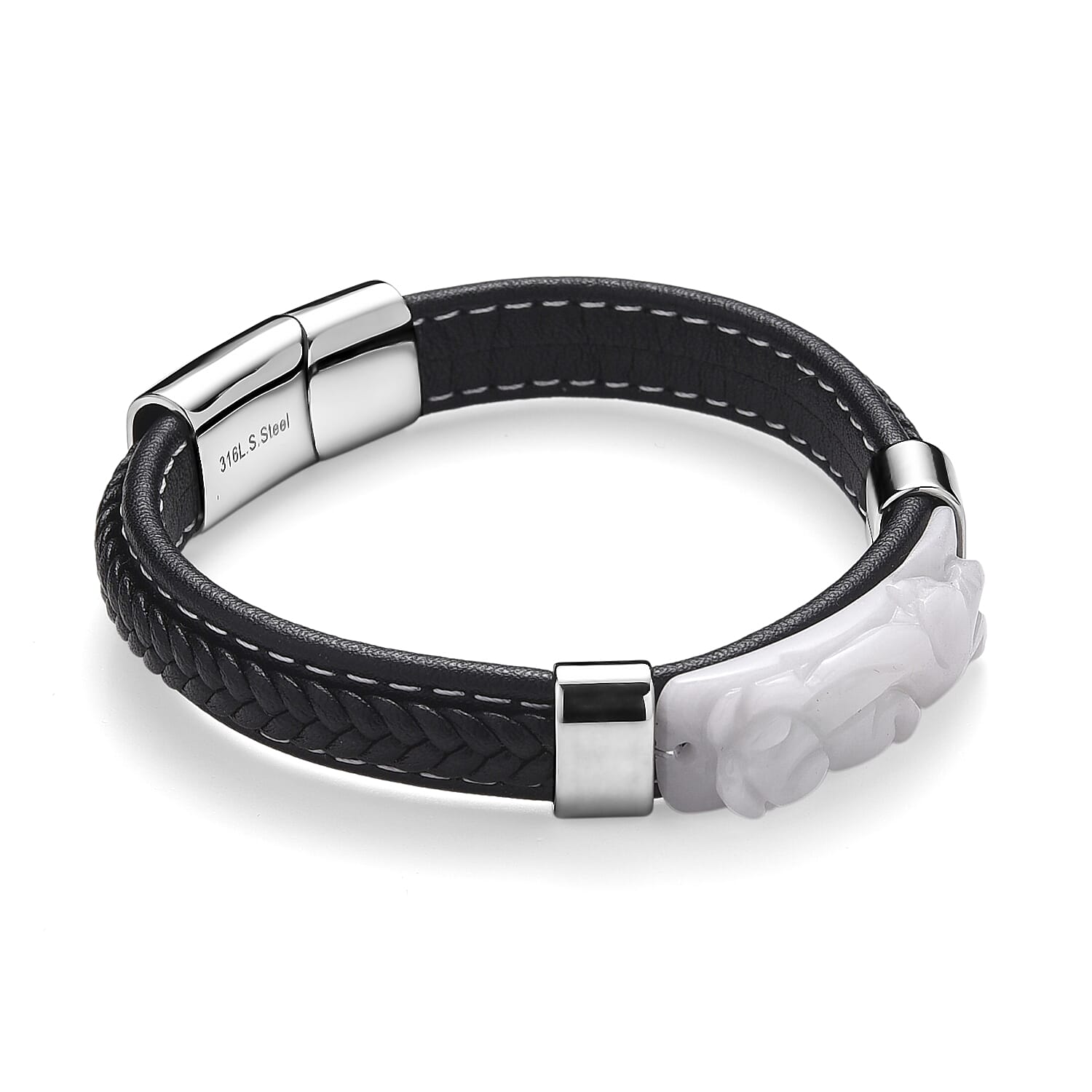 Natural Type A - White Jadeite Jade Carved Bracelet (Size 7.5) in Rhodium Plated 90.00 Ct. V32515064 4