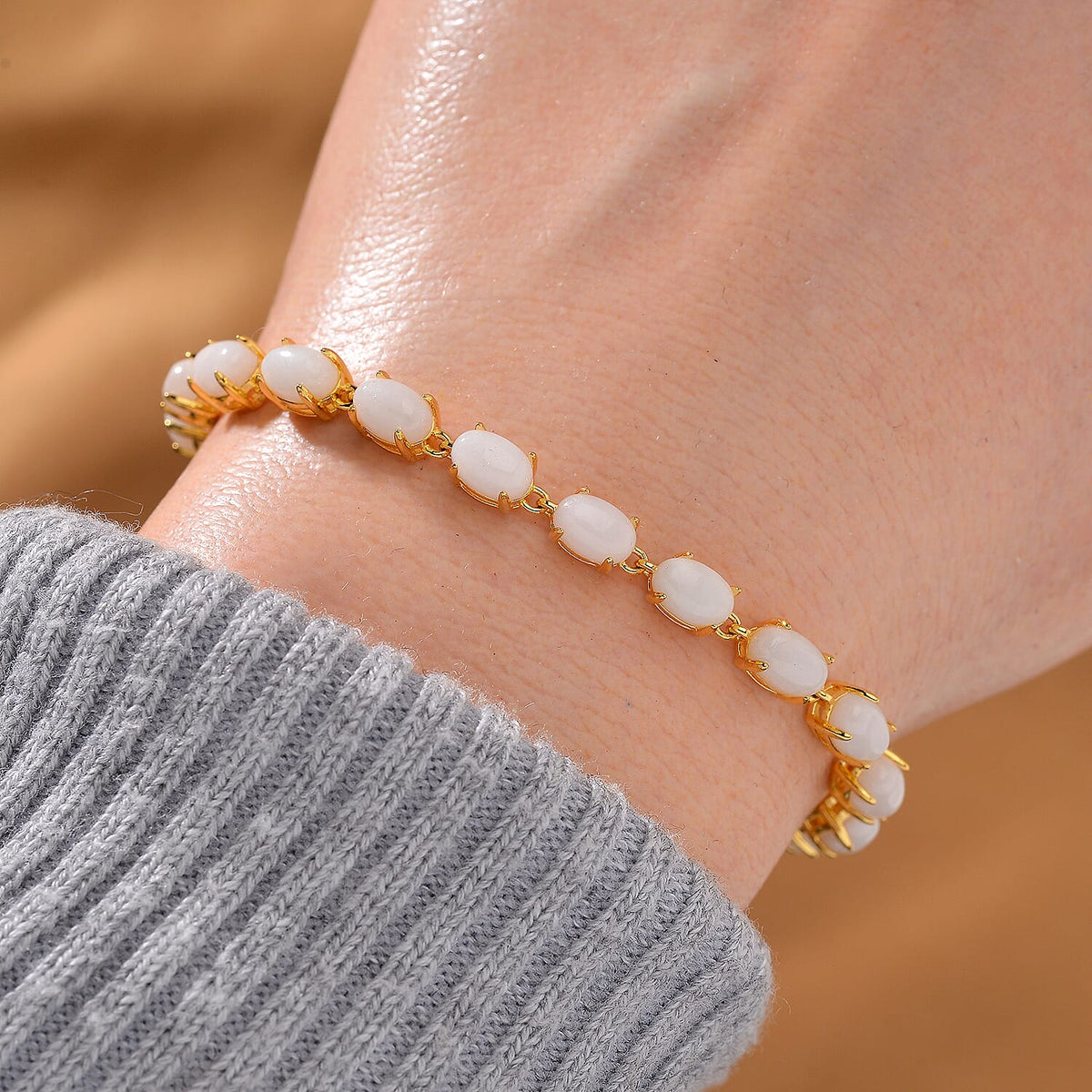 White Jade Linking Bracelet (Size - 7) in 18K Vermeil Yellow Gold Over Sterling Silver 15.76 Ct. 7876244 2