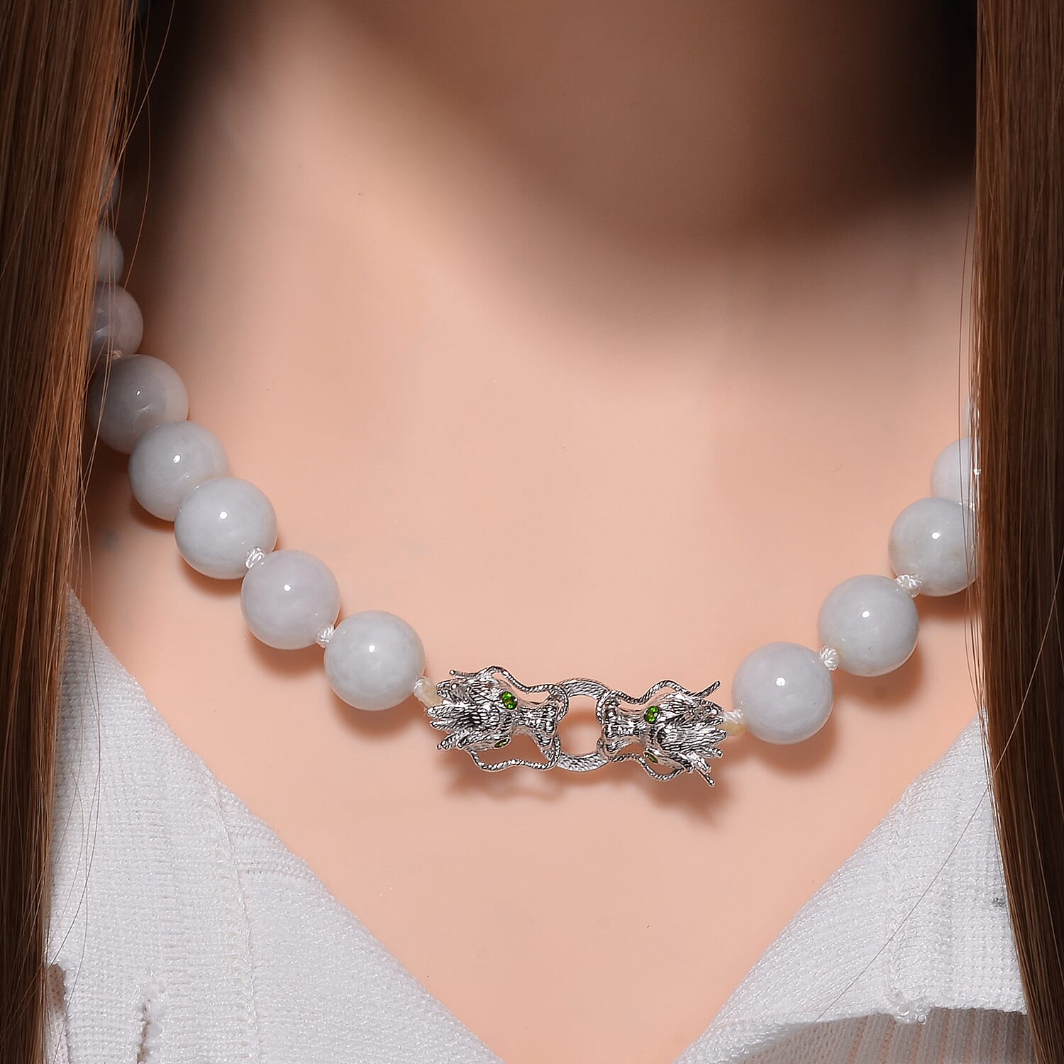 Rare 100% Natural Jadeite Jade, Chrome Diopside Necklace with Dragon Head Clasp (Size - 20) in Rhodium Overlay Sterling Silver 615.10 Ct 7799520 2