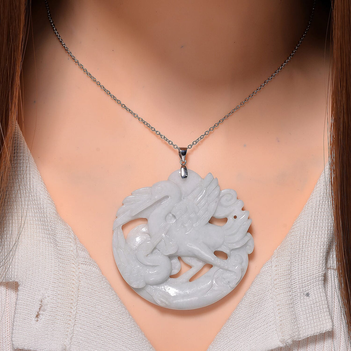 Natural Burmese Jadeite Hand Carved Pendant with Chain (Size 20) in Rhodium Overlay Sterling Silver 200 Ct. 4368711 2