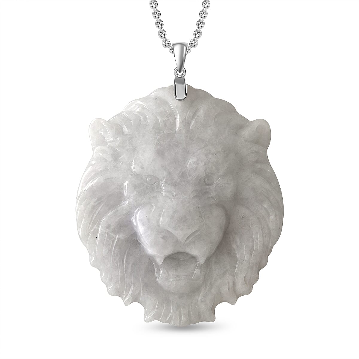 White Jade Lion Face Pendant with Chain (Size - 20) with Lobster Clasp in Rhodium Overlay Sterling Silver 129.00 Ct. 4327529 0
