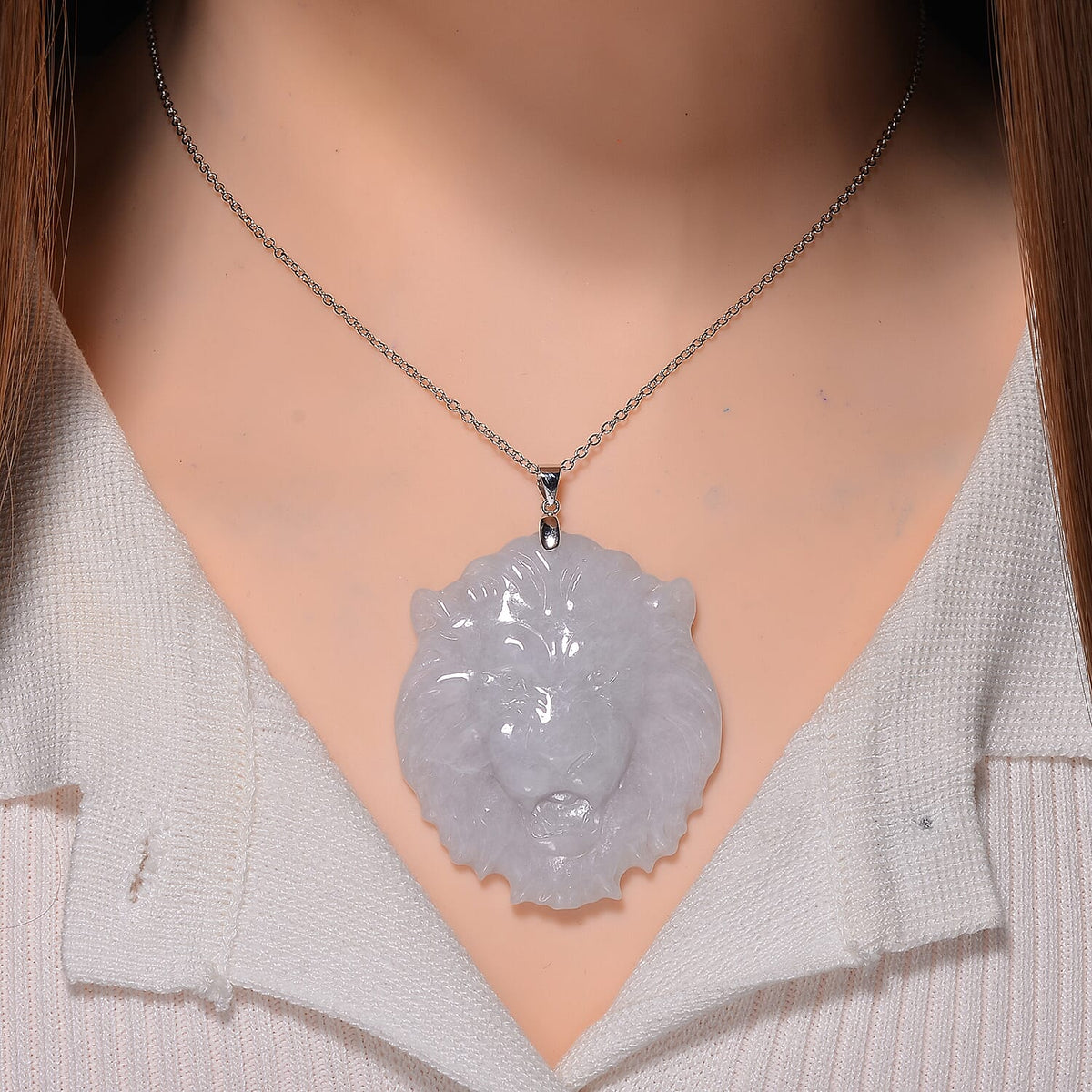 White Jade Lion Face Pendant with Chain (Size - 20) with Lobster Clasp in Rhodium Overlay Sterling Silver 129.00 Ct. 4327529 2