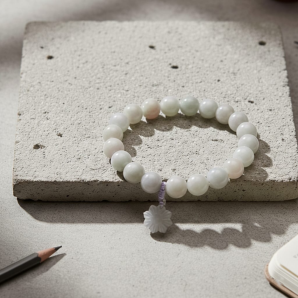 Natural White Jade Stretchable Bracelet with Snowflake Charm (Size - 7.5) 190.00 Ct. V32521490 2