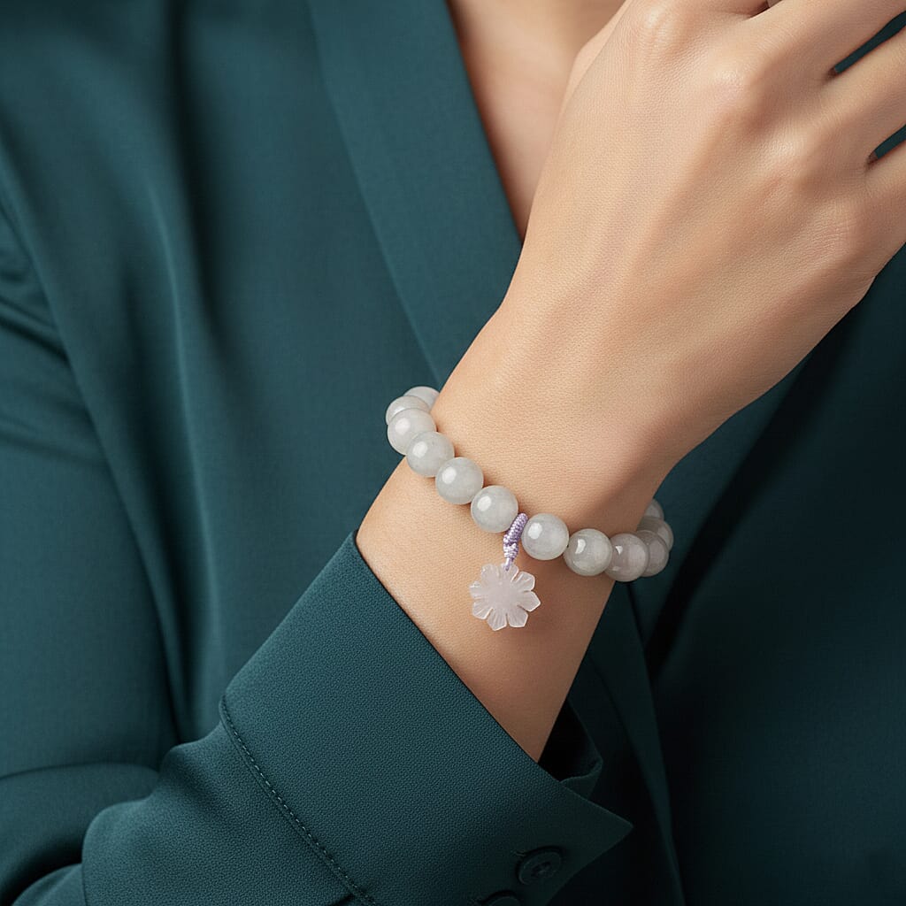 Natural White Jade Stretchable Bracelet with Snowflake Charm (Size - 7.5) 190.00 Ct. V32521490 3