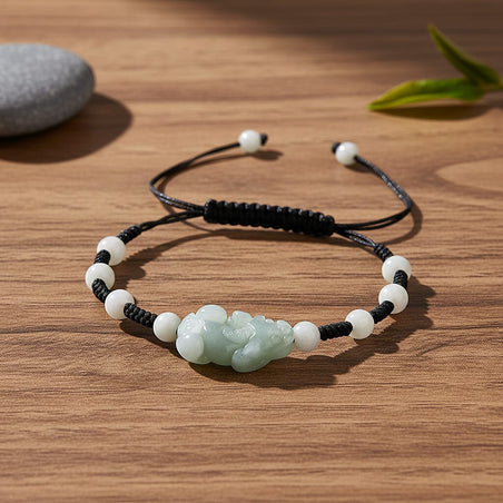 White Jade Beads Adjustable Pixiu Charm Bracelet (Size - 6.5 To 9) 35.00 Ct. 8483675 2