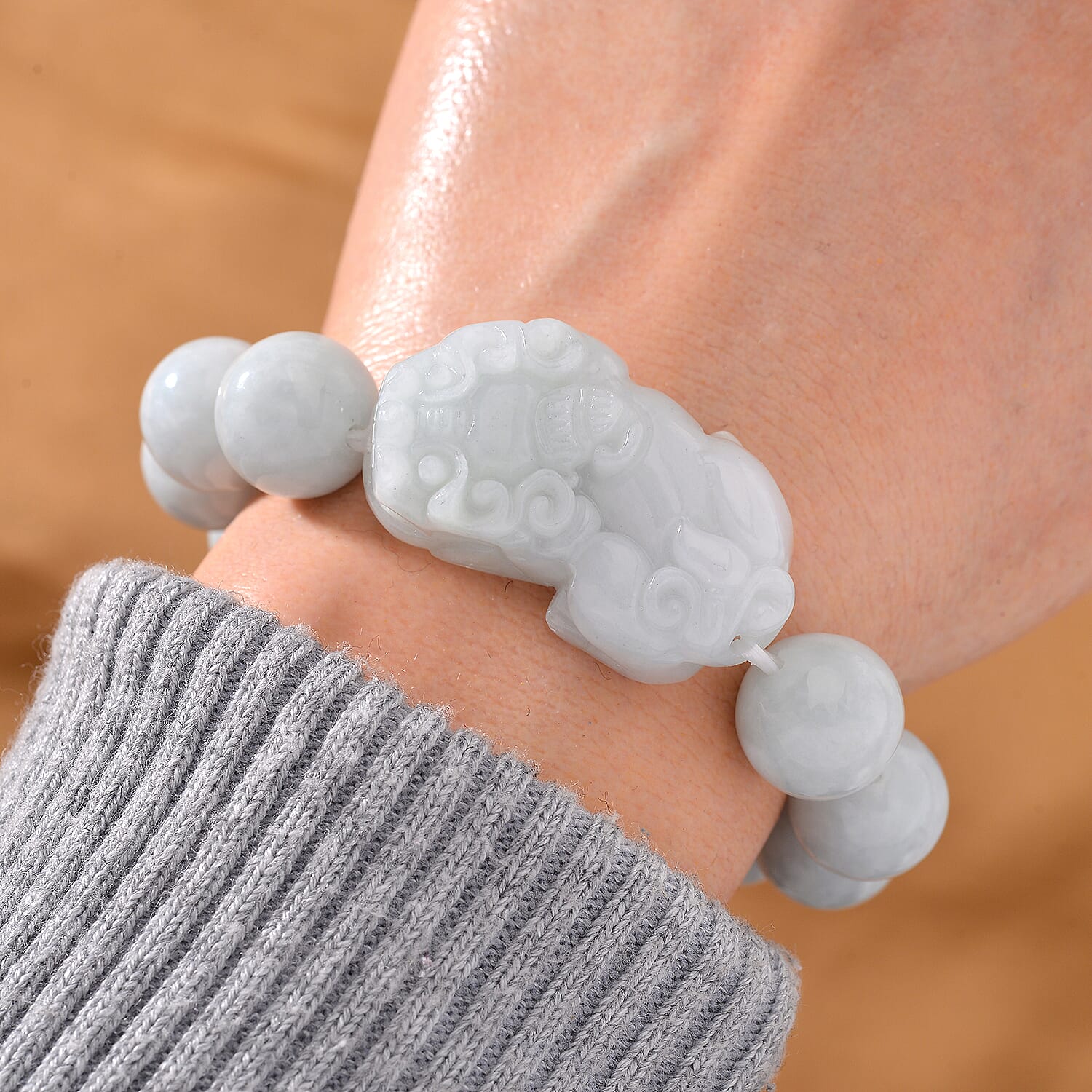 Natural Type A White Jadeite Bracelet With Pixiu Carving (Size - 7.5 Stretchable) 330.0 Ct. 7929638 2
