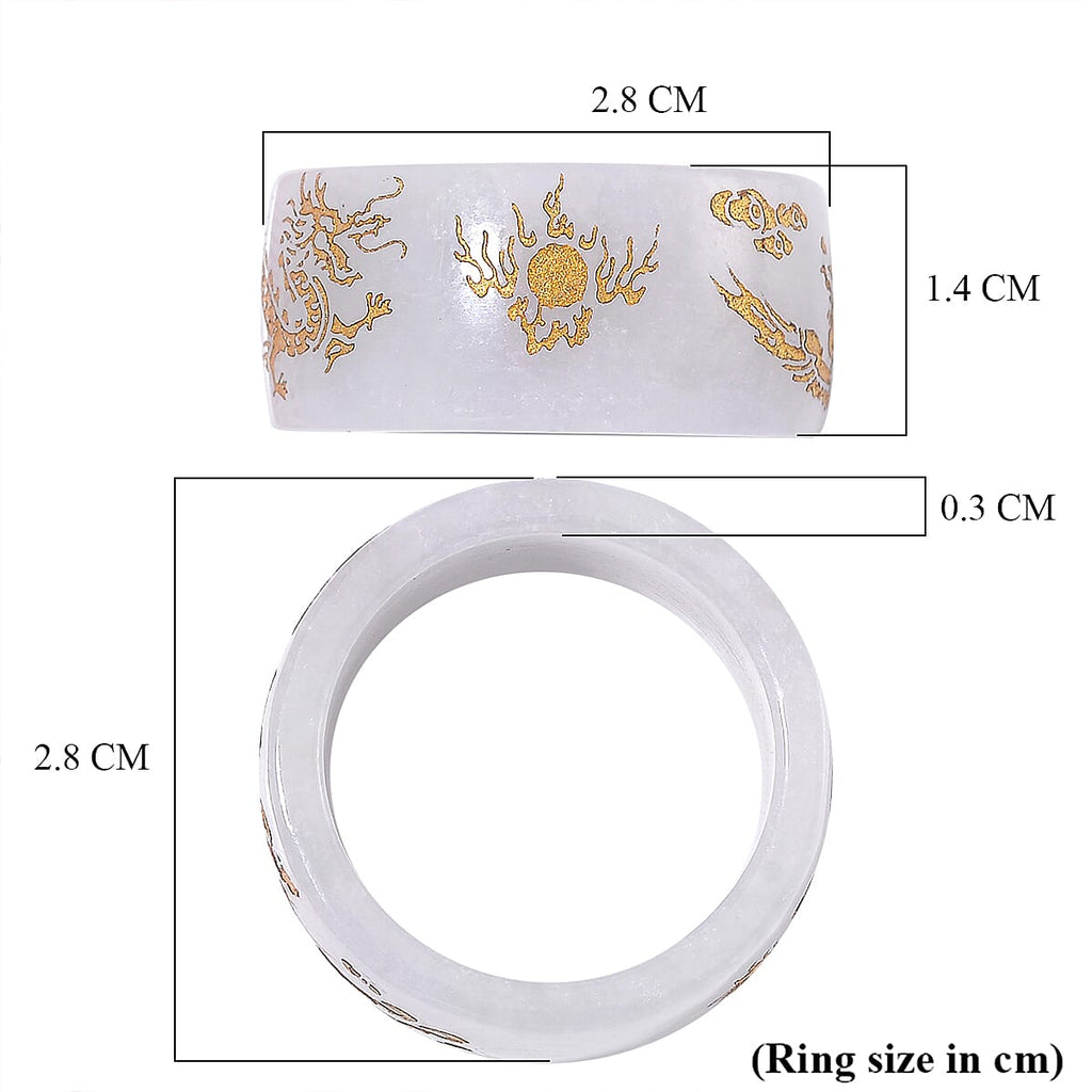 Extreme Rare Find - Natural Type A White Jade Dragon Carved Stone Band Ring 35.00 Ct.