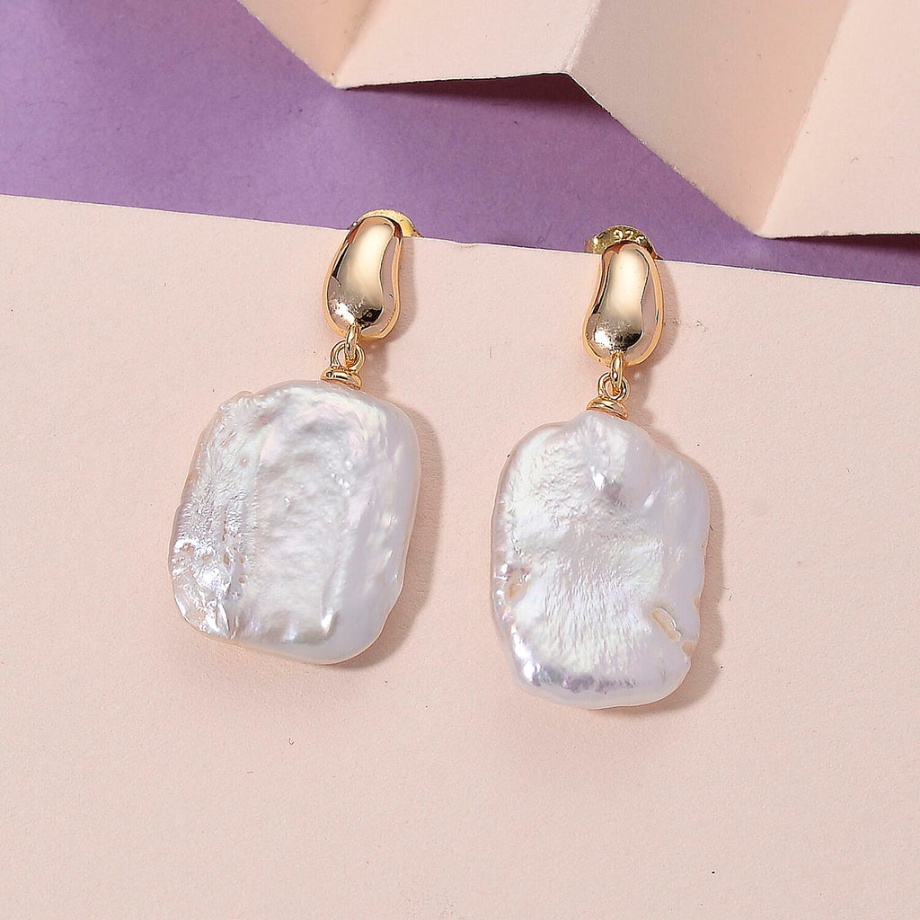 White Keshi Pearl Push Back Earring in Yellow Gold Tone 15.00 Ct.