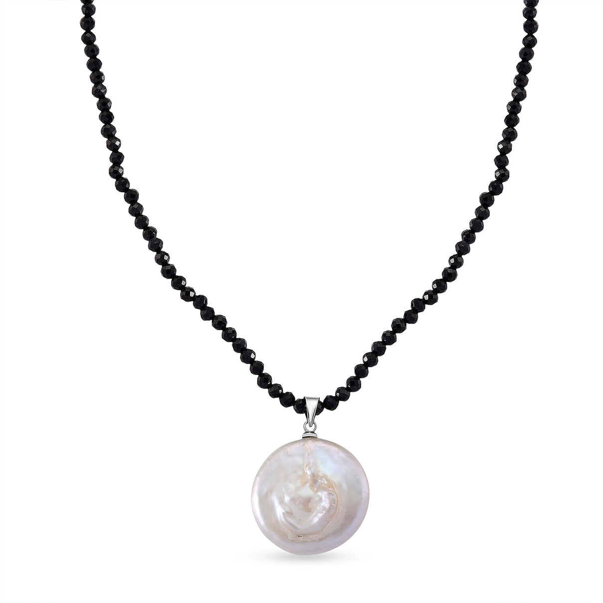 White Coin Pearl &amp; Black Spinel Necklace (Size - 18+2 Inch Ext) 50.00 Ct. 8364062 0