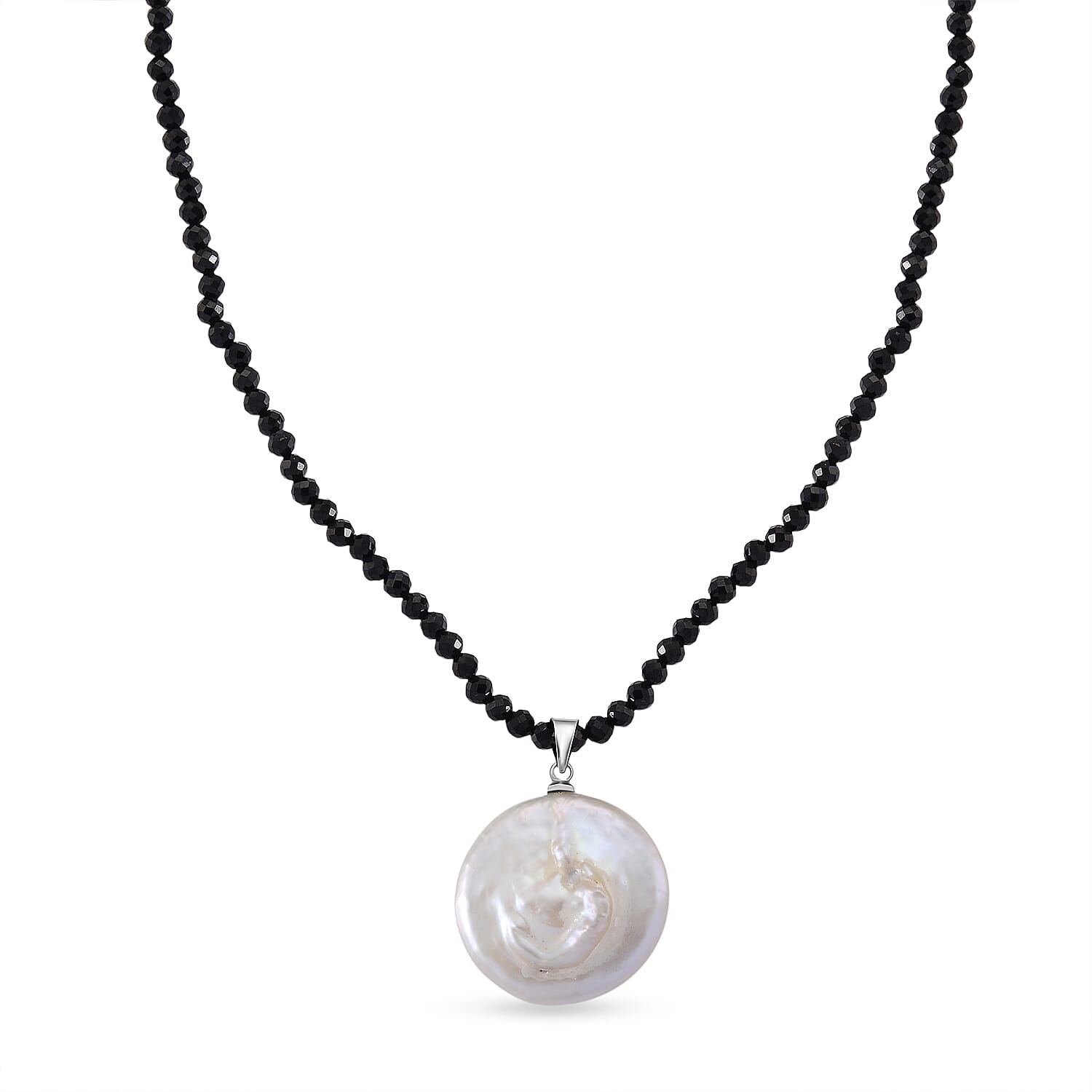 White Coin Pearl &amp; Black Spinel Necklace (Size - 18+2 Inch Ext) 50.00 Ct. 8364062 0