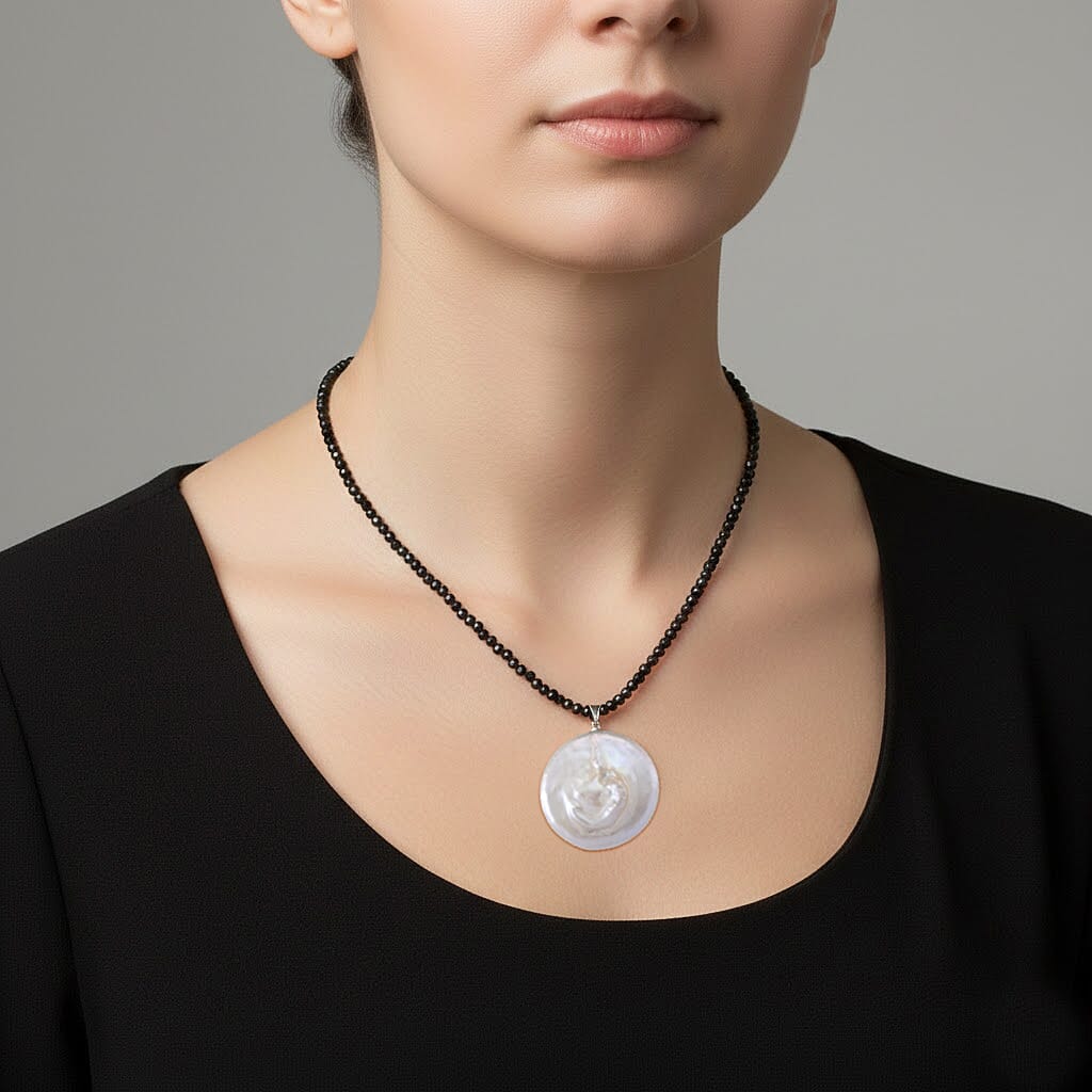 White Coin Pearl &amp; Black Spinel Necklace (Size - 18+2 Inch Ext) 50.00 Ct. 8364062 3
