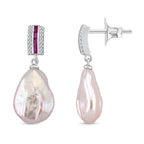 White Keshi Pearl, Purple Cubic Zirconia & White Cubic Zirconia Earring with Push Back 15.00 Ct.